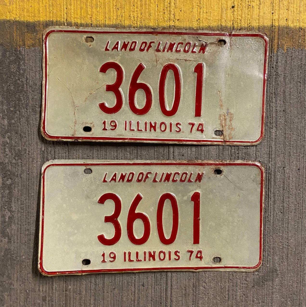 Photo of a 1974 Illinois License Plate Pair Auto Tag Garage Decor Vintage Low Number Four Digit 3601 with original patina