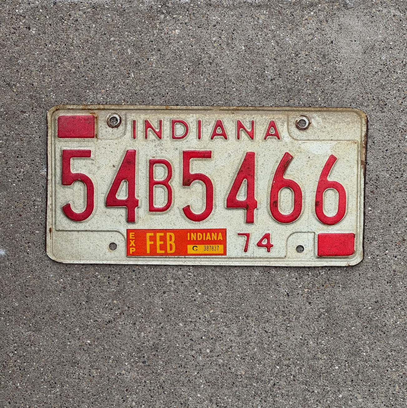 Photo of a 1974 Indiana License Plate Auto Tag Garage Decor 54 B 5466