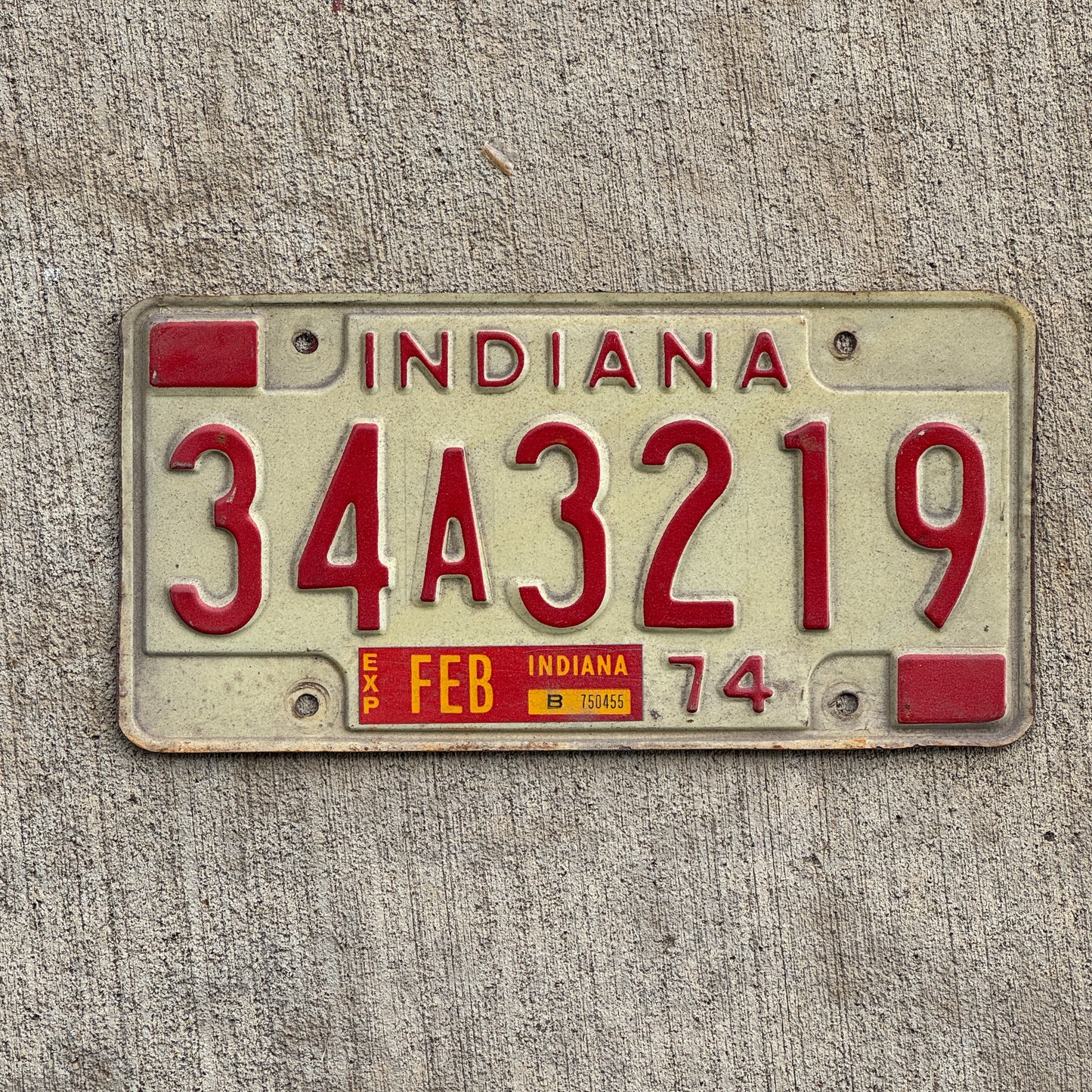 Photo of a 1974 Indiana License Plate Auto Tag Garage Decor Vintage 34 A 3219 with original patina