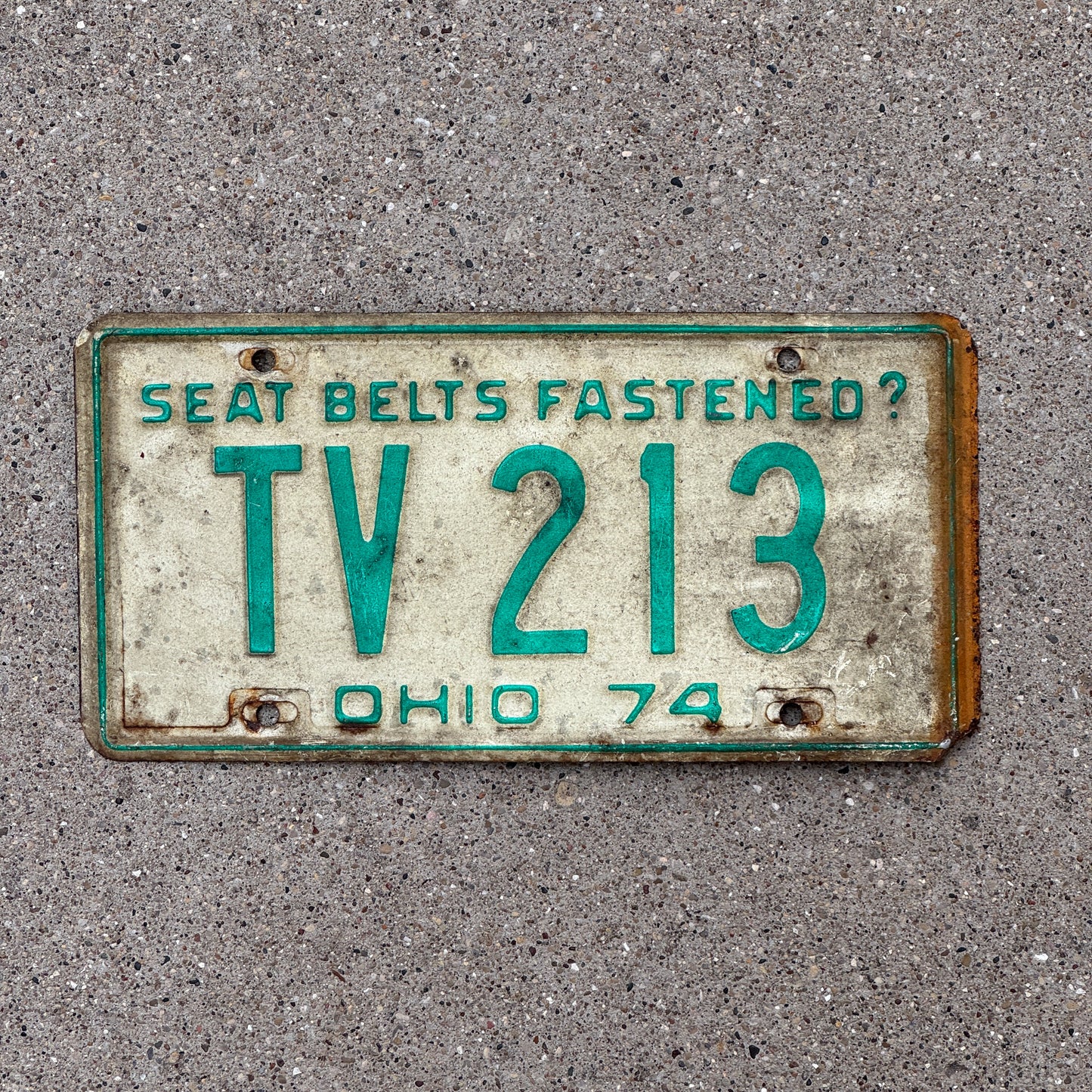 Photo of a 1974 Ohio License Plate Auto Tag Garage Decor Vintage TV 213 with original patina