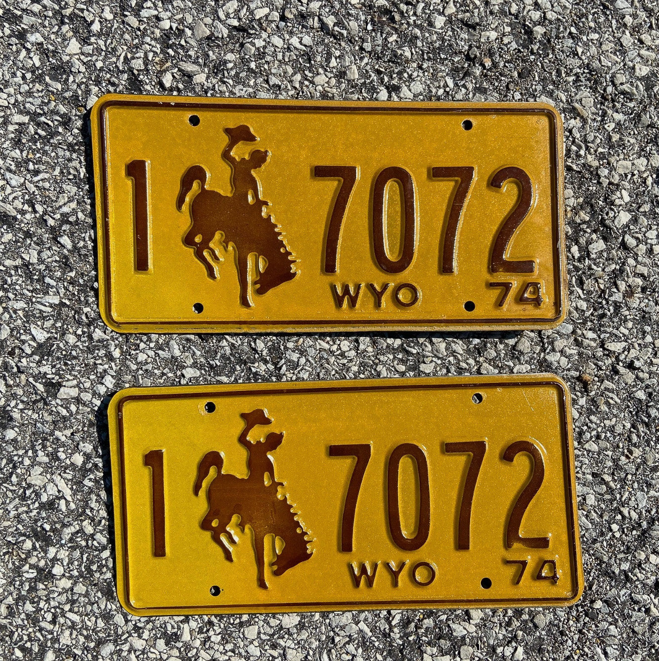 Photo of a 1974 Wyoming License Plate Pair Auto Tag Garage Decor Vintage Cowboy Rodeo 1 7072 with original patina