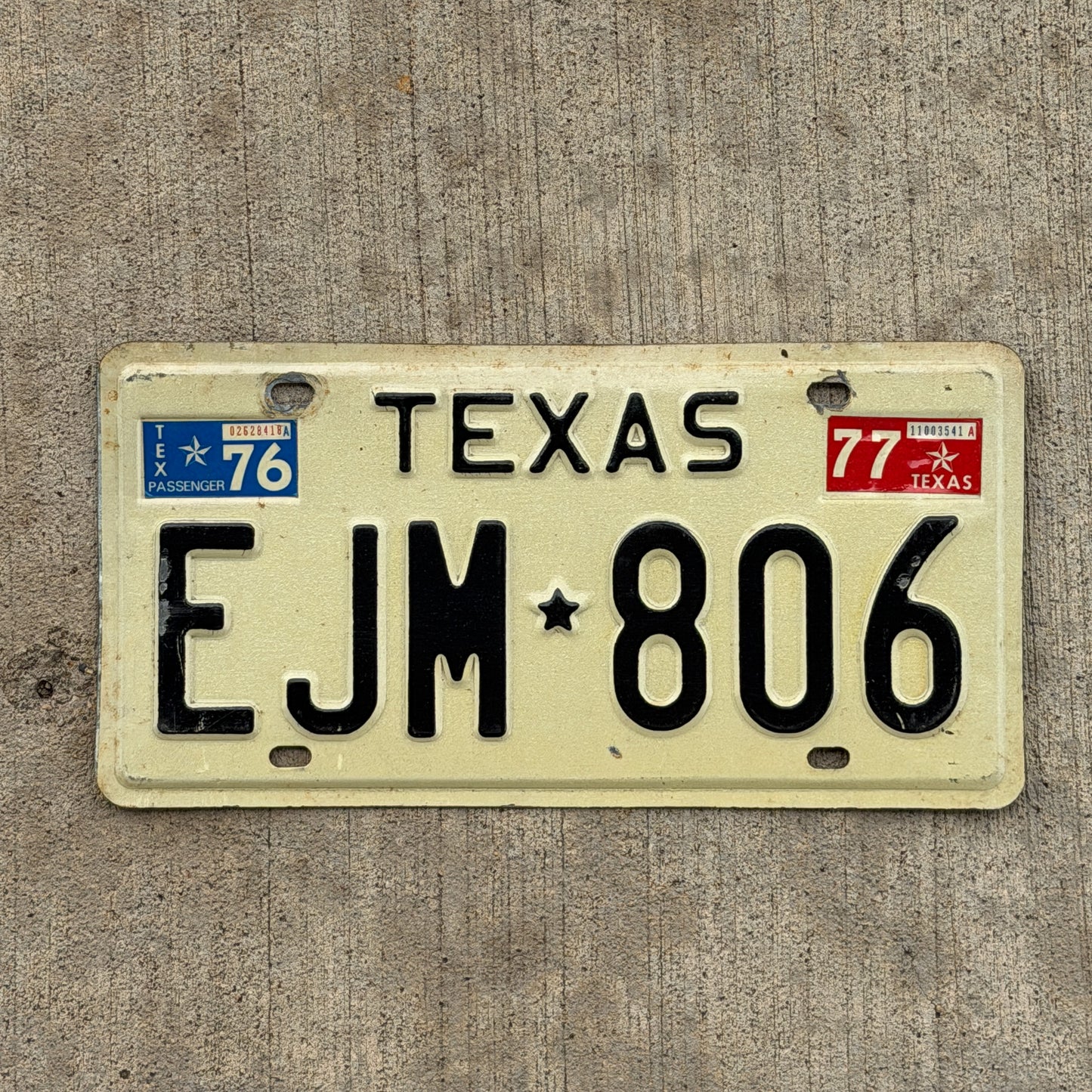 Photo of a 1975 1977 Texas License Plate Auto Tag Garage Decor Vintage EJM 806 with original patina