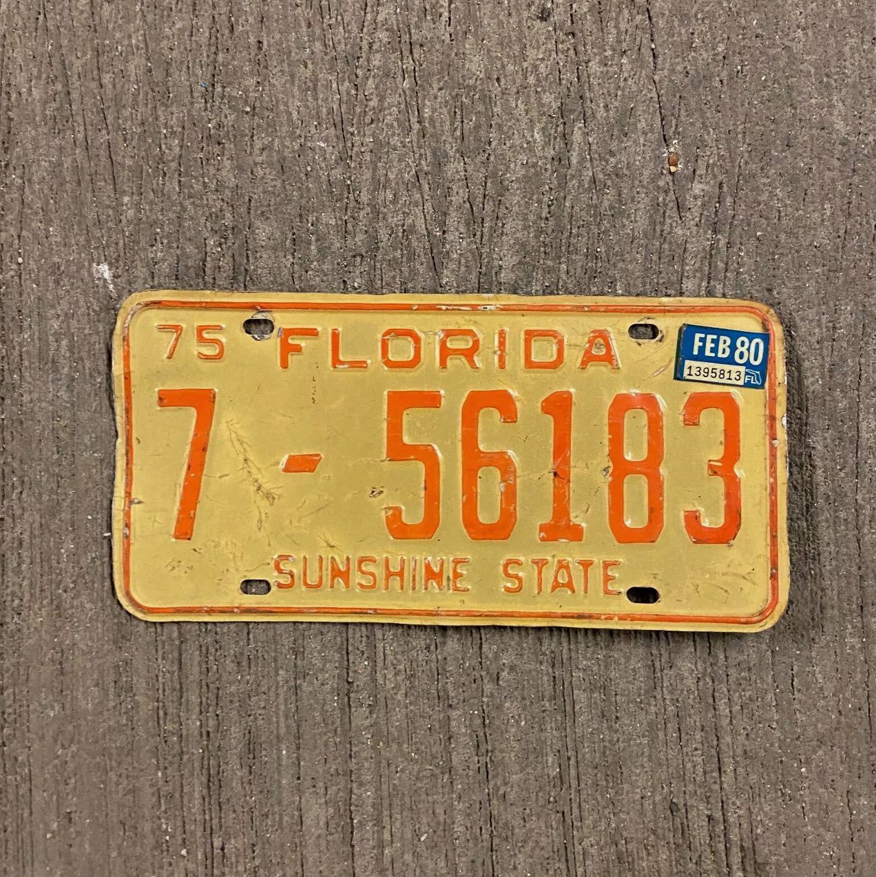 Photo of a 1975 1980 Florida License Plate Auto Tag Garage Decor Vintage 7 56183 with original patina
