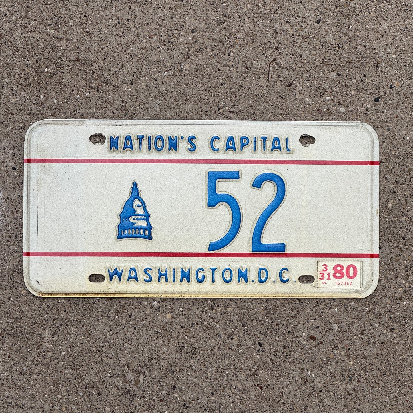 Photo of a 1975 1980 Washington DC License Plate Auto Tag Garage Decor Vintage Low Number Two Digit 52 with original patina