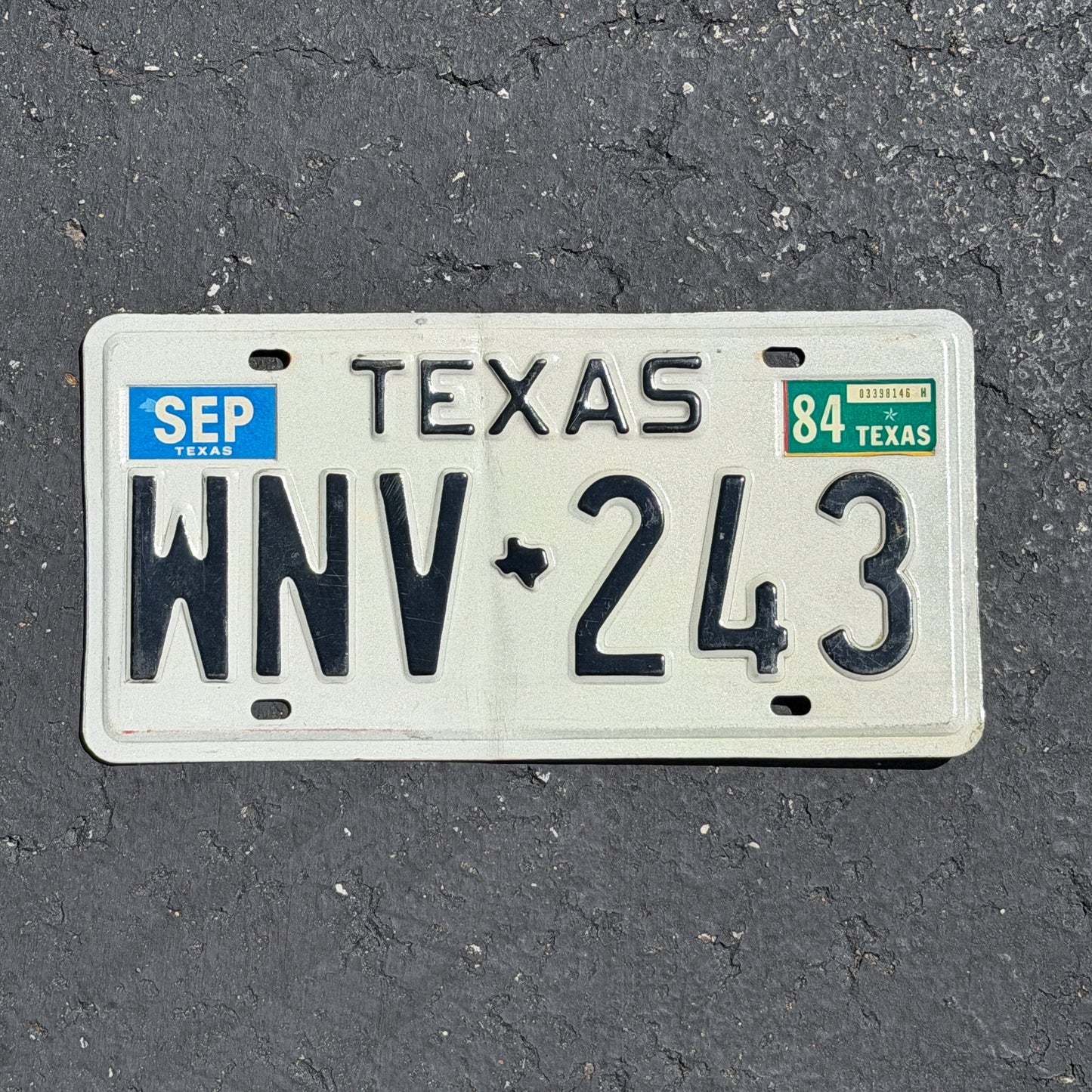 Photo of a 1975 1984 Texas License Plate Auto Tag Garage Decor Vintage WNV 243 with original patina