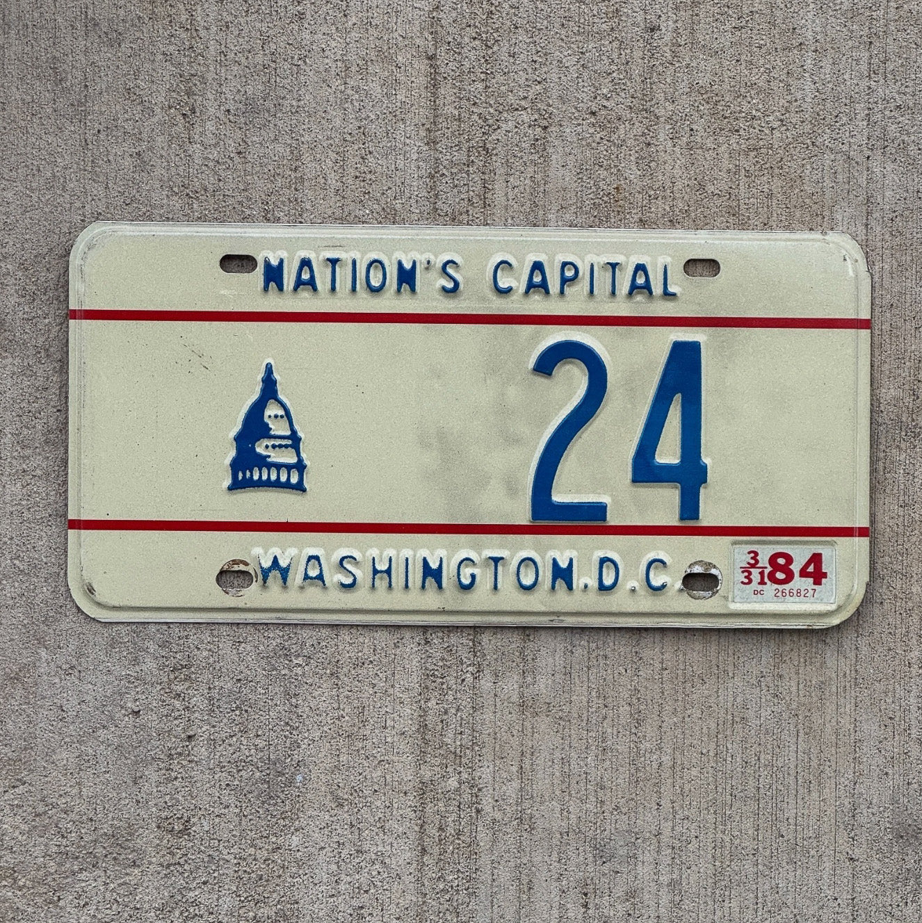 Photo of a 1975 1984 Washington DC License Plate Auto Tag Garage Decor Vintage Low Number Two Digit 24 with original patina