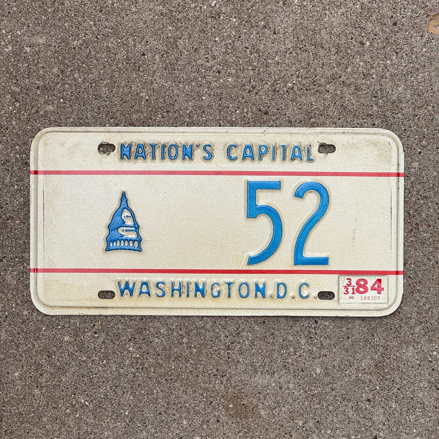 Photo of a 1975 1984 Washington DC License Plate Auto Tag Garage Decor Vintage Low Number Two Digit 52 with original patina