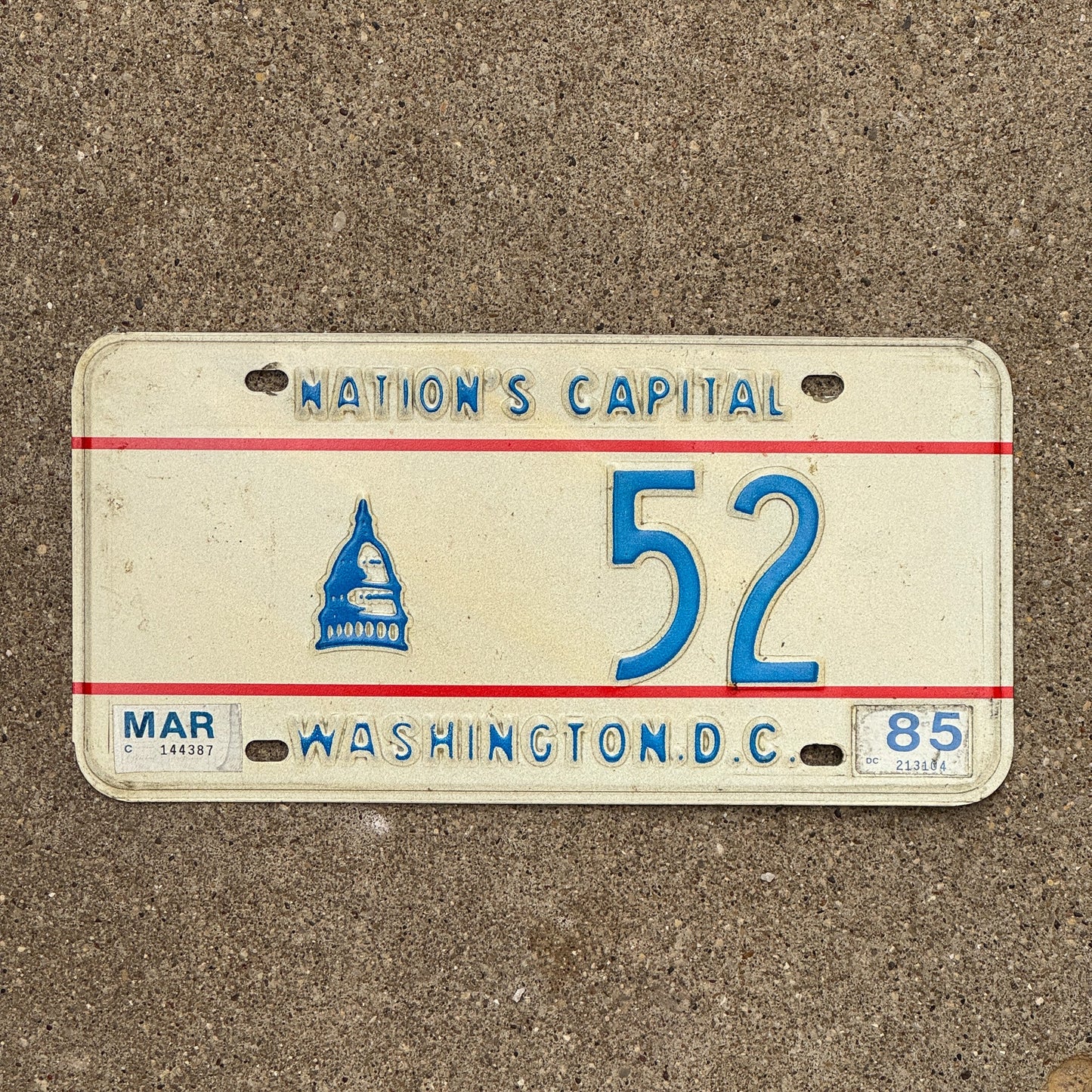 Photo of a 1975 1985 Washington DC License Plate Auto Tag Garage Decor Vintage Low Number Two Digit 52 with original patina