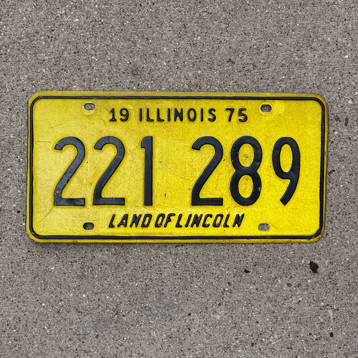 Photo of a 1975 Illinois License Plate Auto Tag Garage Decor Vintage 221 289 with original patina