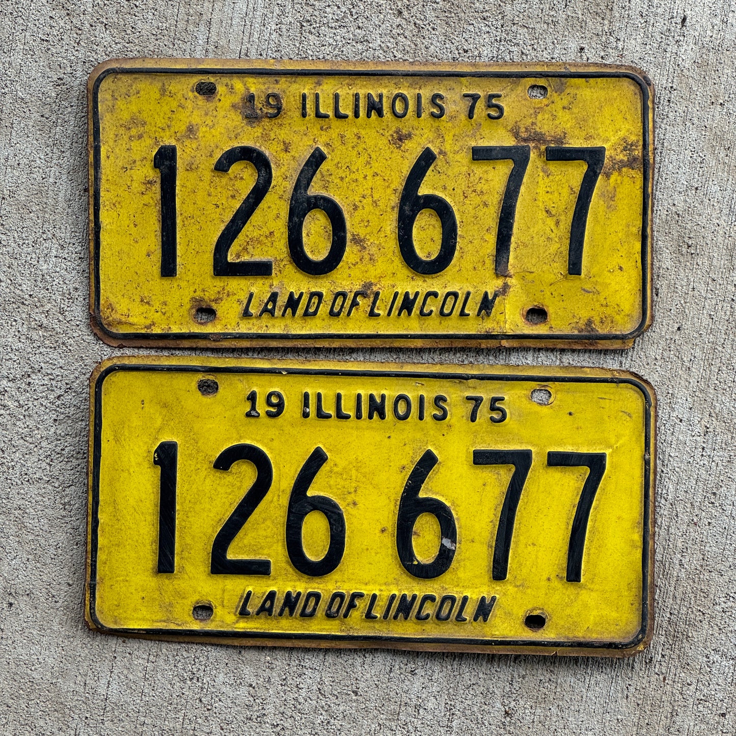 Photo of a 1975 Illinois License Plate Pair Auto Tag Garage Decor Vintage 126 677 with original patina