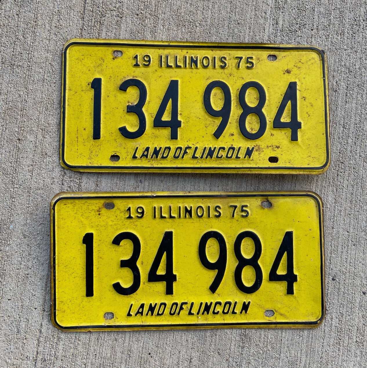 Photo of a 1975 Illinois License Plate Pair Auto Tag Garage Decor Vintage 134984 with original patina