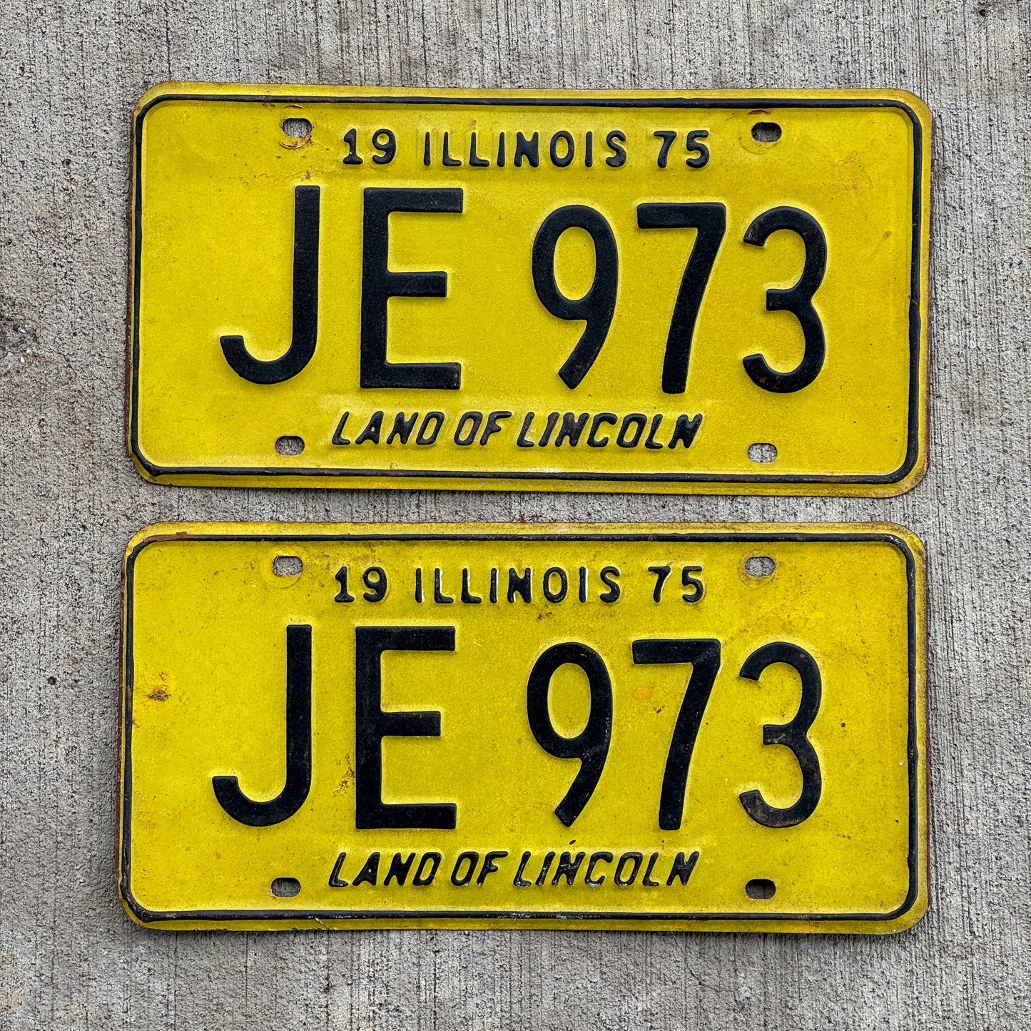 Photo of a 1975 Illinois License Plate Pair Auto Tag Garage Decor Vintage JE 973 with original patina