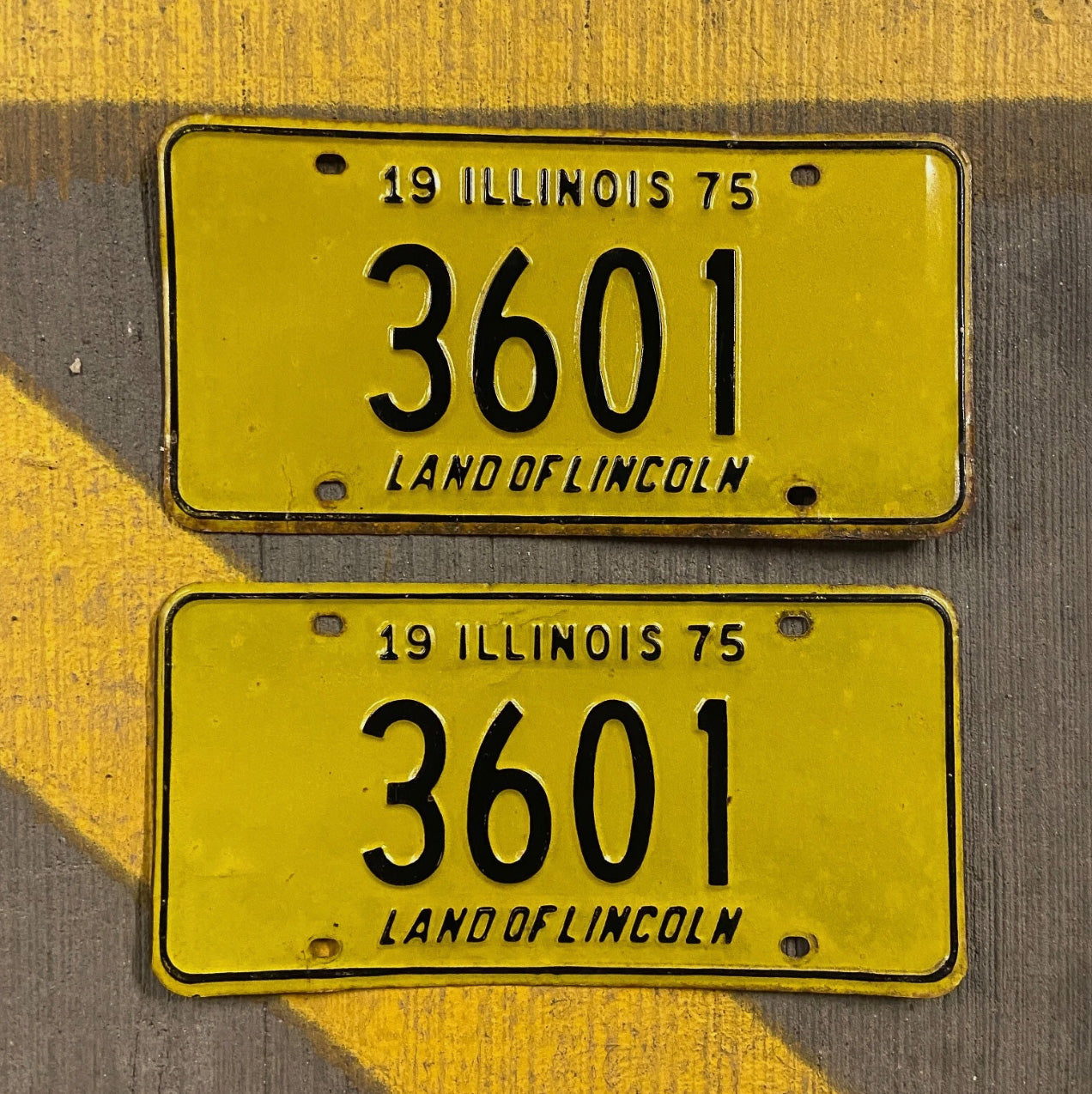 Photo of a 1975 Illinois License Plate Pair Auto Tag Garage Decor Vintage Low Number Four Digit 3601 with original patina