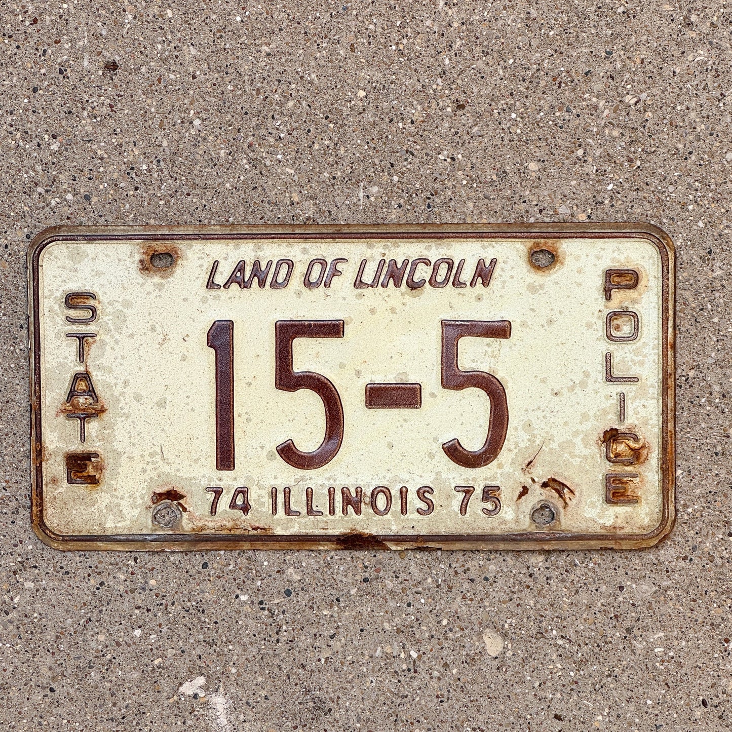 Photo of a 1975 Illinois State Police License Plate Auto Tag Garage Decor Vintage Patrol Cop Trooper 15 5 with original patina