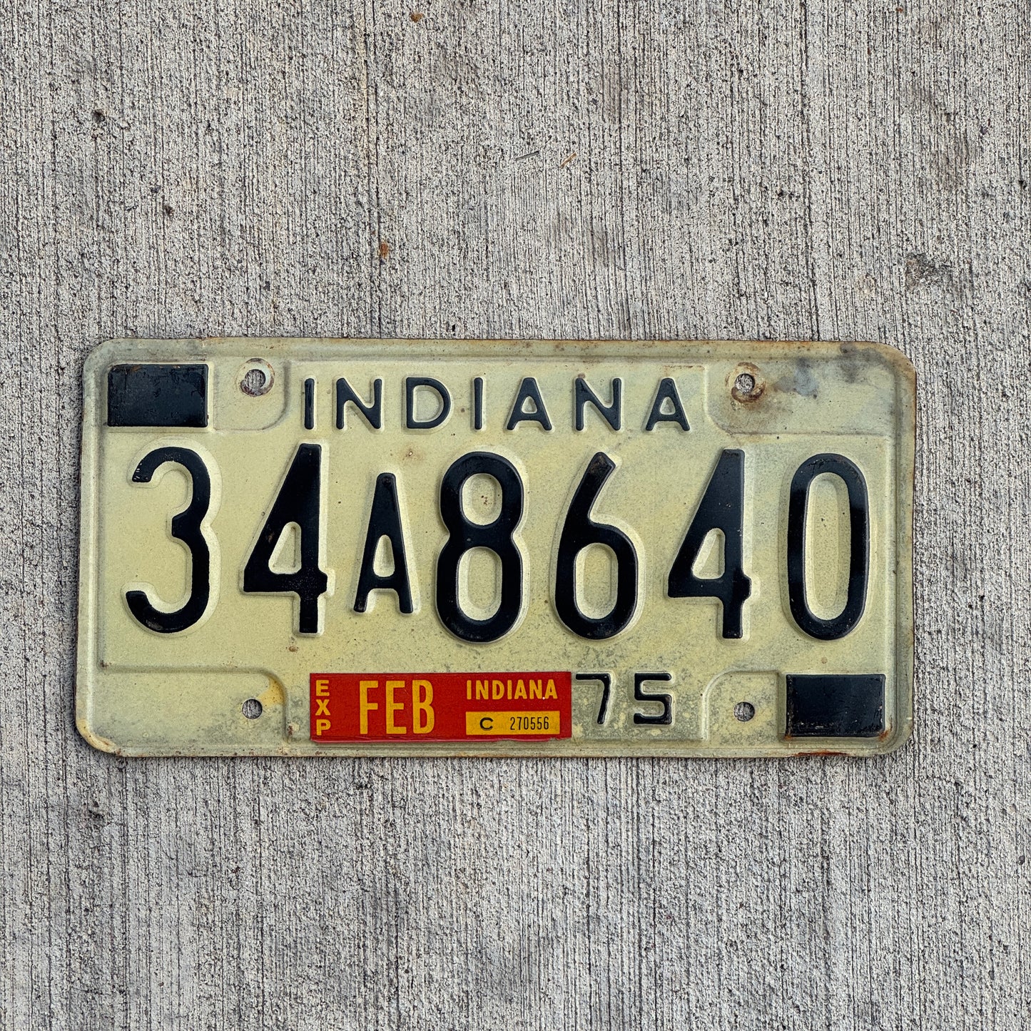 Photo of a 1975 Indiana License Plate Auto Tag Garage Decor Vintage 34 A 8640 with original patina