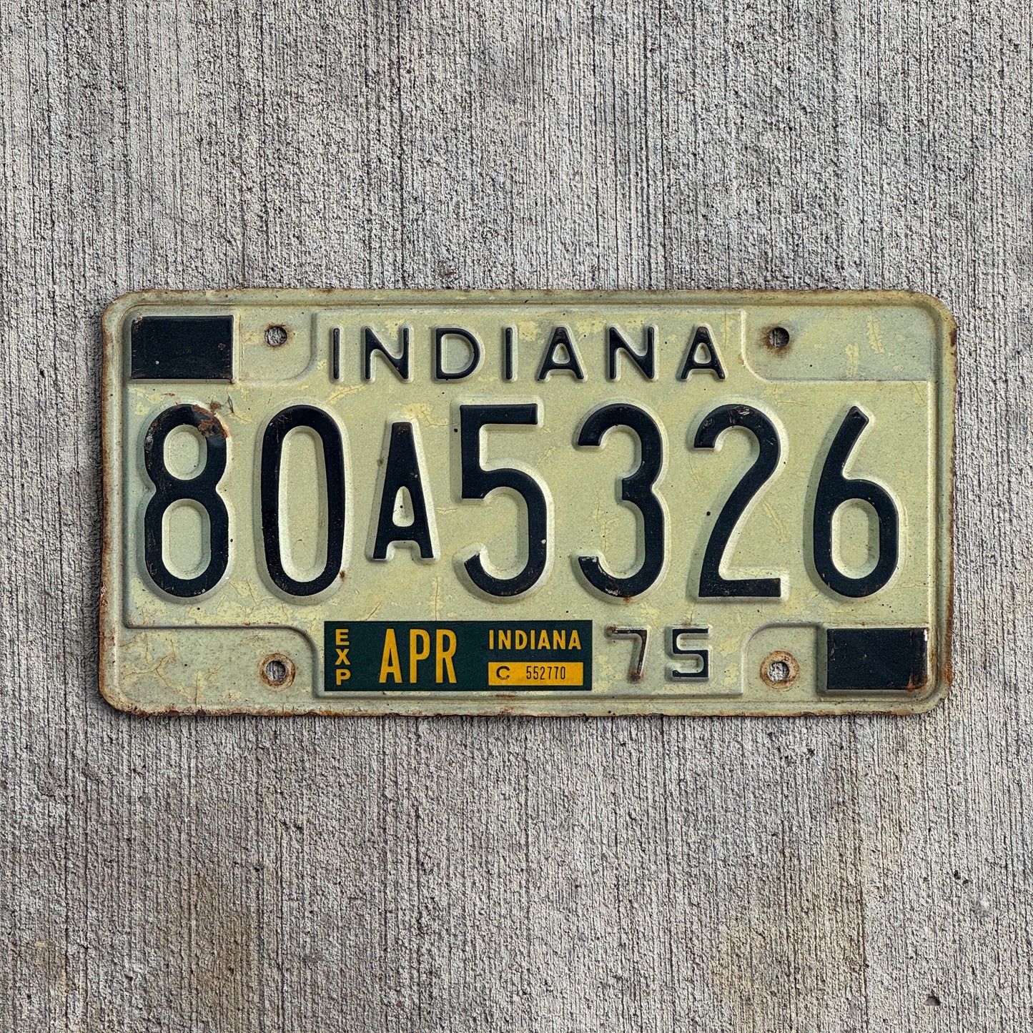 Photo of a 1975 Indiana License Plate Auto Tag Garage Decor Vintage 80 A 5326 with original patina