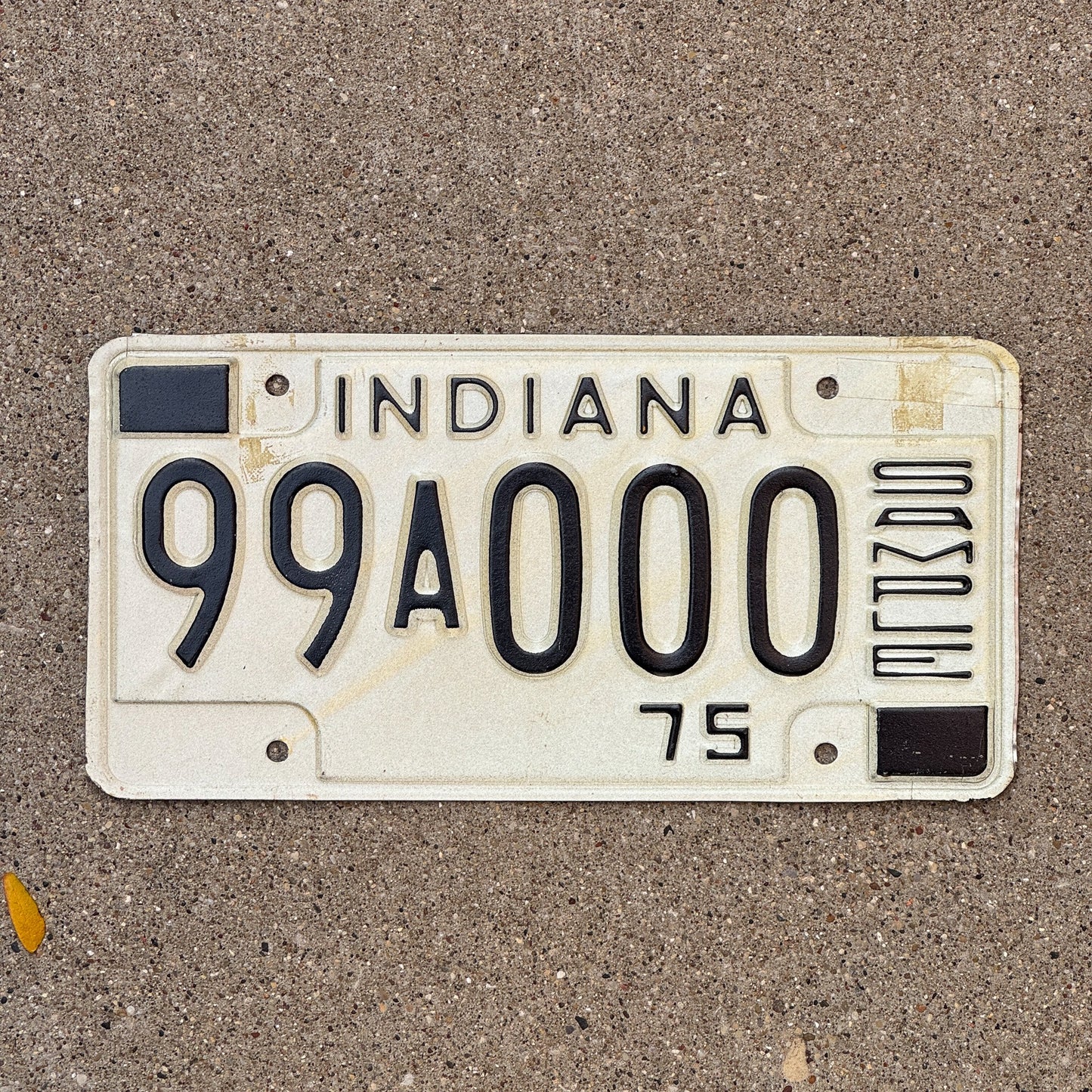 Photo of a 1975 Indiana Sample License Plate Auto Tag 2 Garage Decor 99A000 with original patina