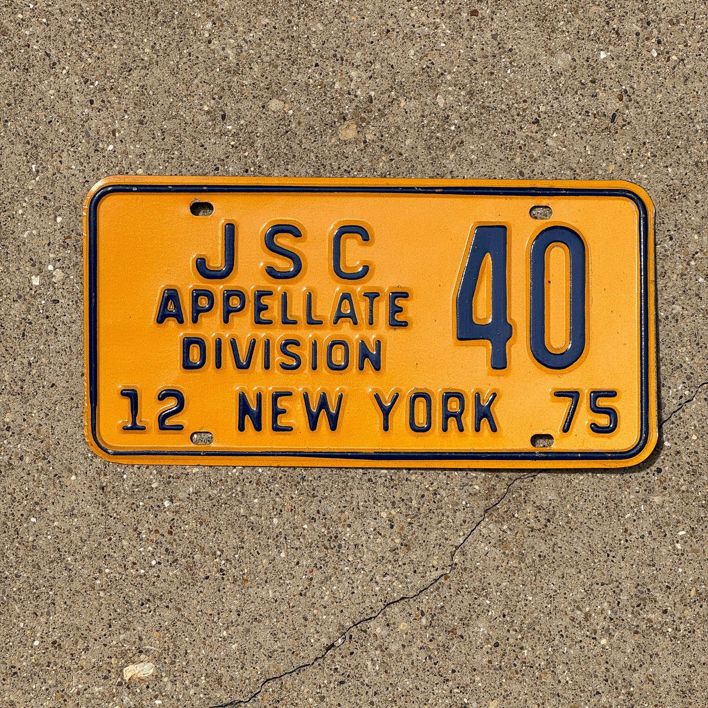 Photo of a 1975 New York Supreme Court Judge License Plate Auto Tag Garage Decor Vintage Justice Appellate Division 40