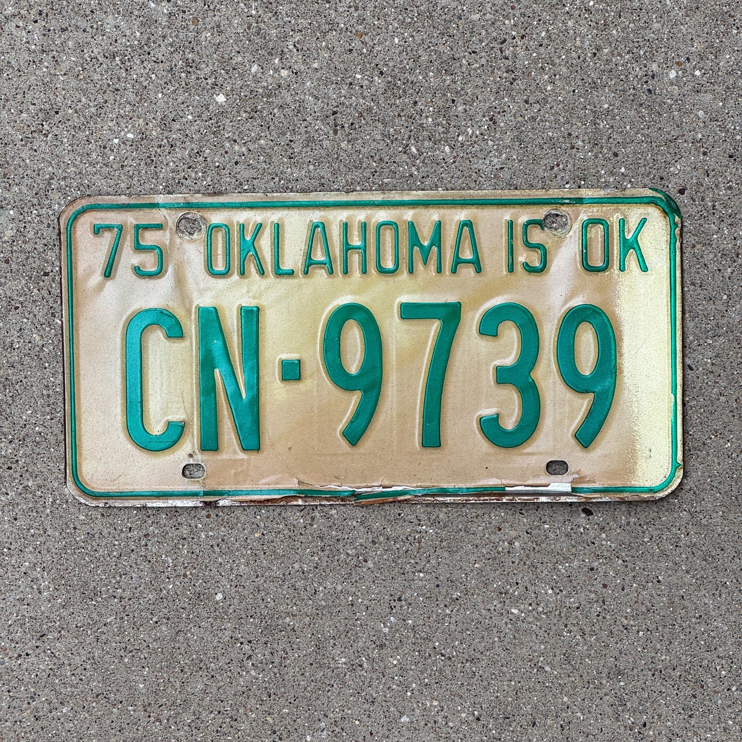 Photo of a 1975 Oklahoma License Plate Auto Tag Garage Decor Vintage CN 9739