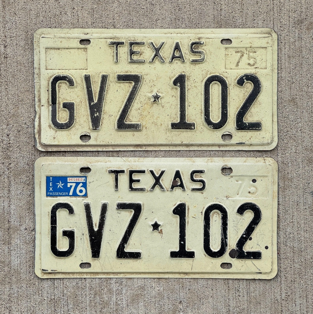 Photo of a 1975 Texas License Plate Pair Auto Tag Garage Decor Vintage GVZ 102