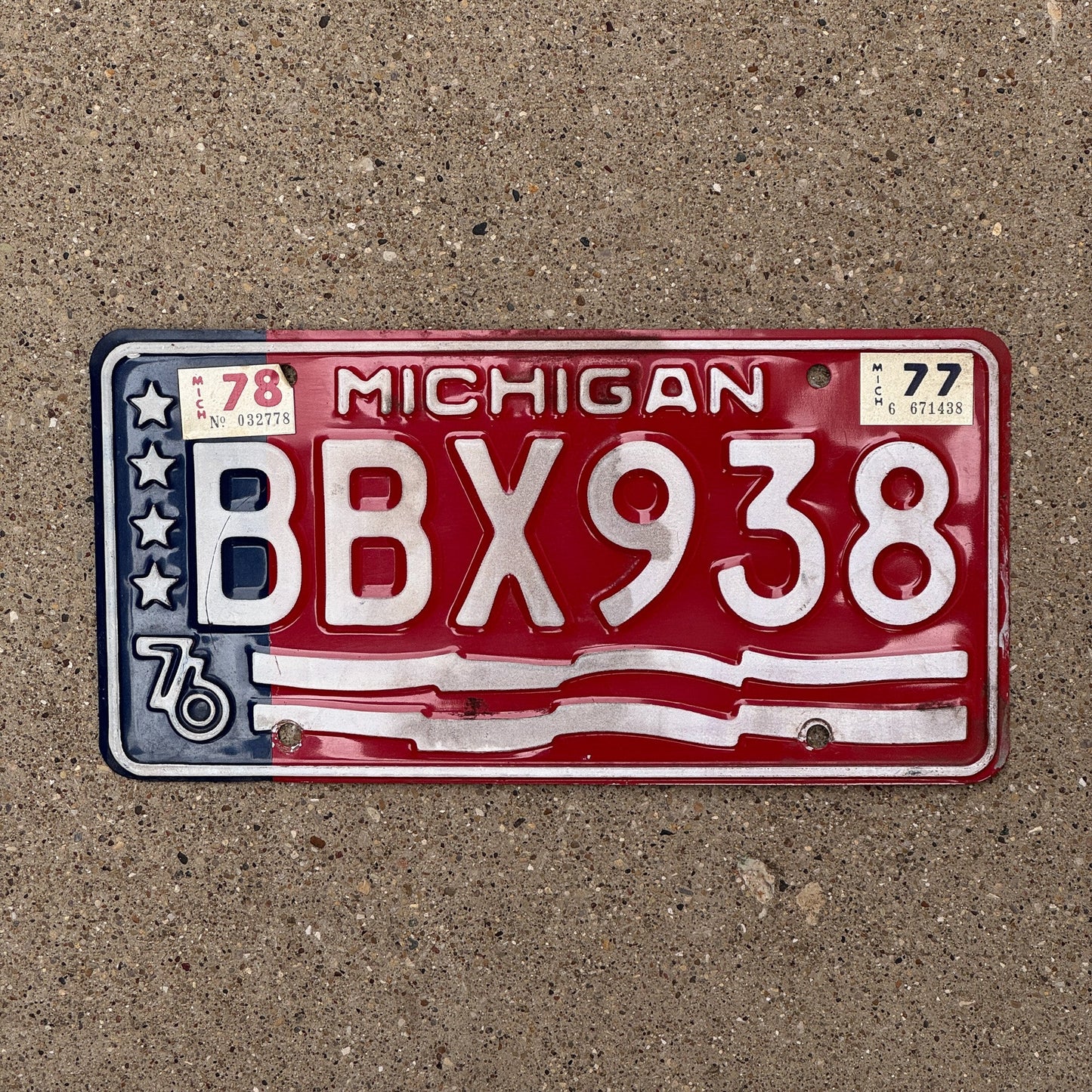 Photo of a 1976 1978 Michigan License Plate Auto Tag Garage Decor Vintage BBX 938