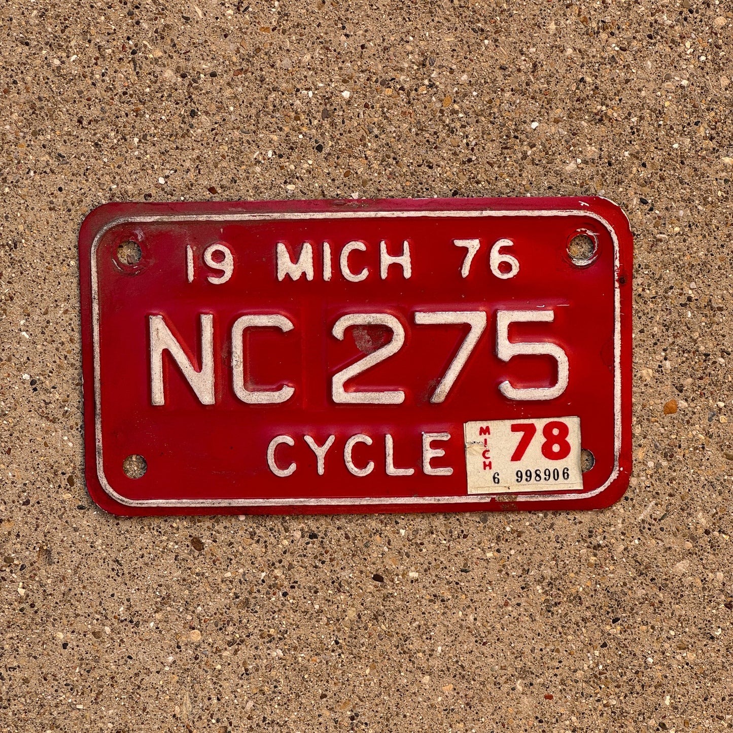 Photo of a 1976 1978 Michigan Motorcycle License Plate Auto Tag Garage Decor Vintage NC 275