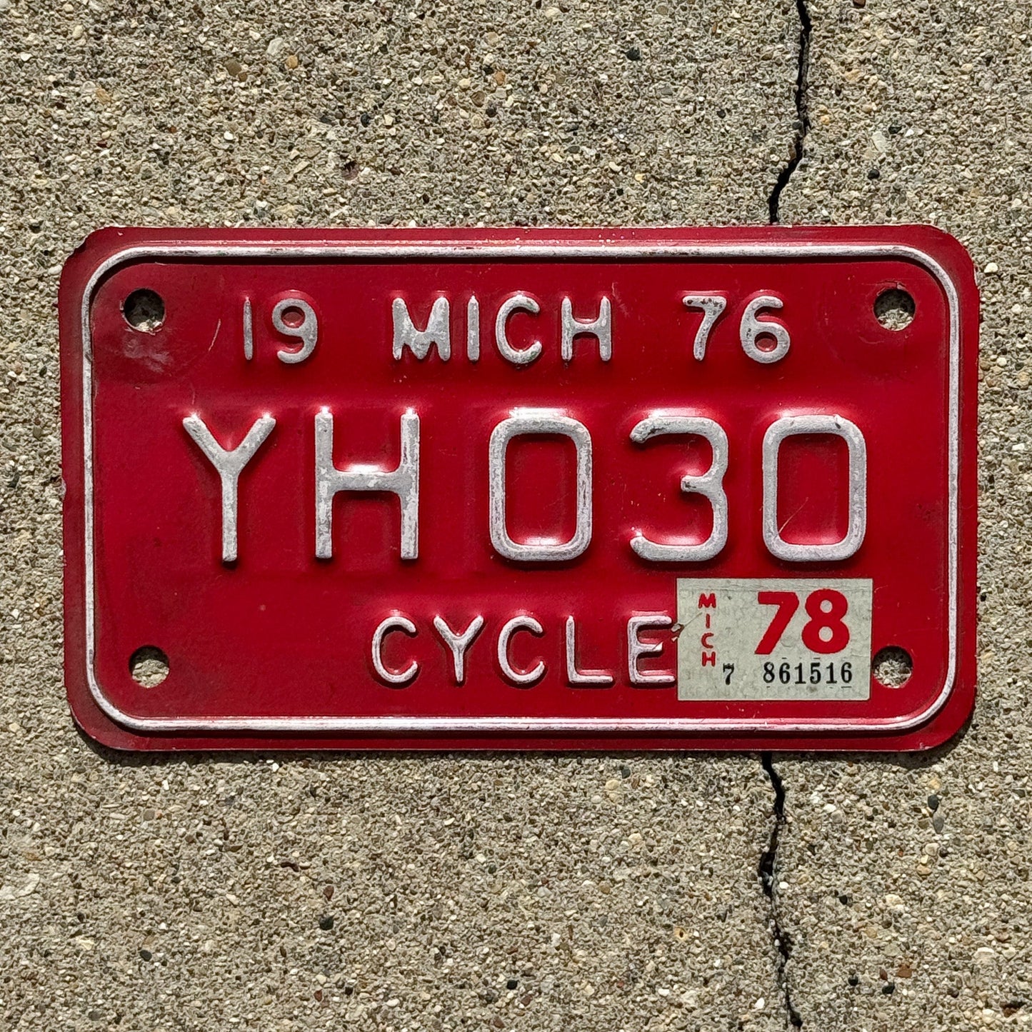 Photo of a 1976 1978 Michigan Motorcycle License Plate Auto Tag Garage Decor Vintage YH 030