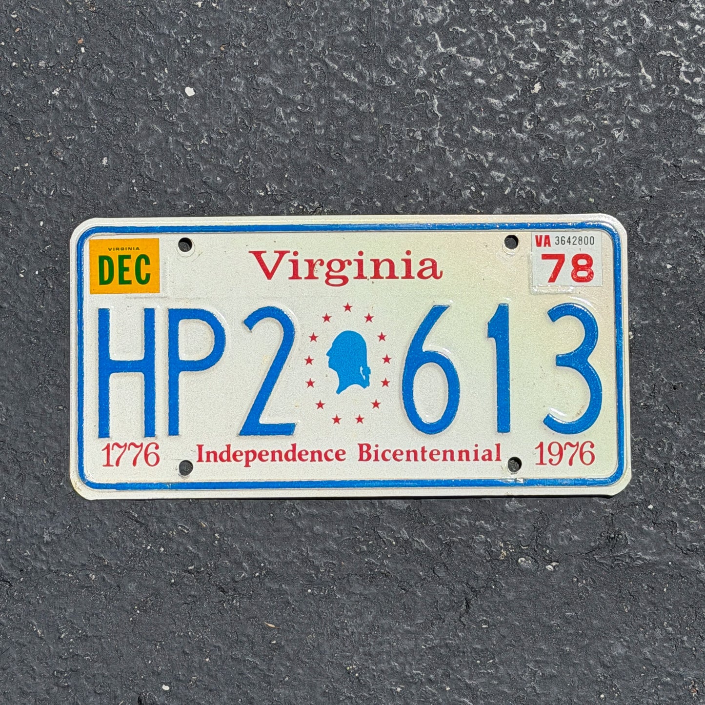 Photo of a 1976 1978 Virginia Handicap License Plate Auto Tag Garage Decor Vintage Bicentennial HP 2 613 with original patina