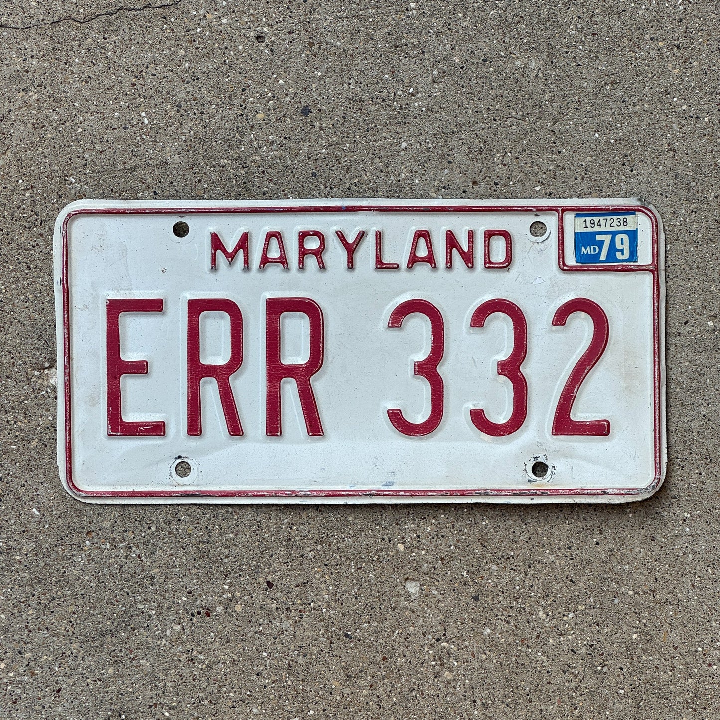 Photo of a 1976 1979 Maryland License Plate Auto Tag Garage Decor Vintage ERR 332