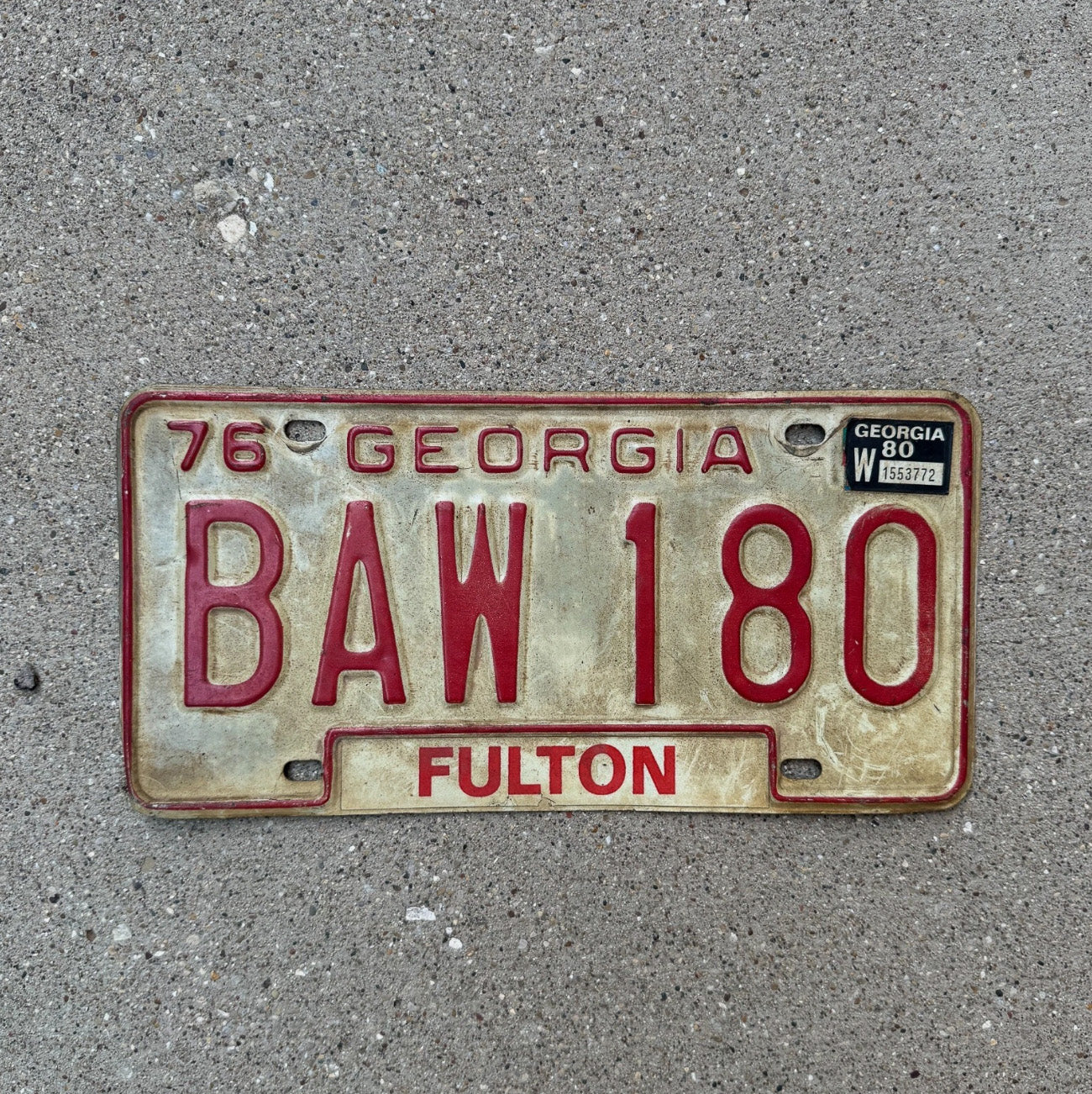 Photo of a 1976 1980 Georgia License Plate Auto Tag Garage Decor Vintage NOS Fulton County BAW 180