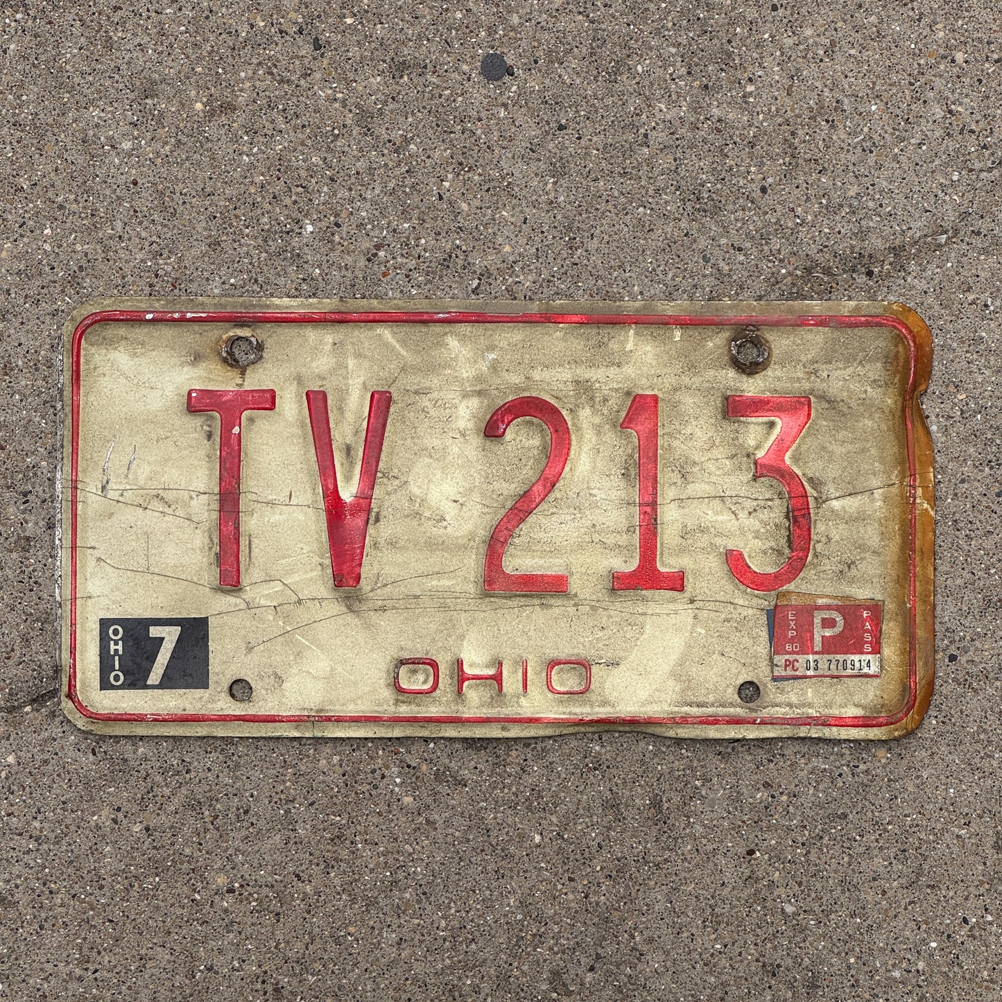 Photo of a 1976 1980 Ohio License Plate Auto Tag 2 Vintage Garage TV 213 with original patina