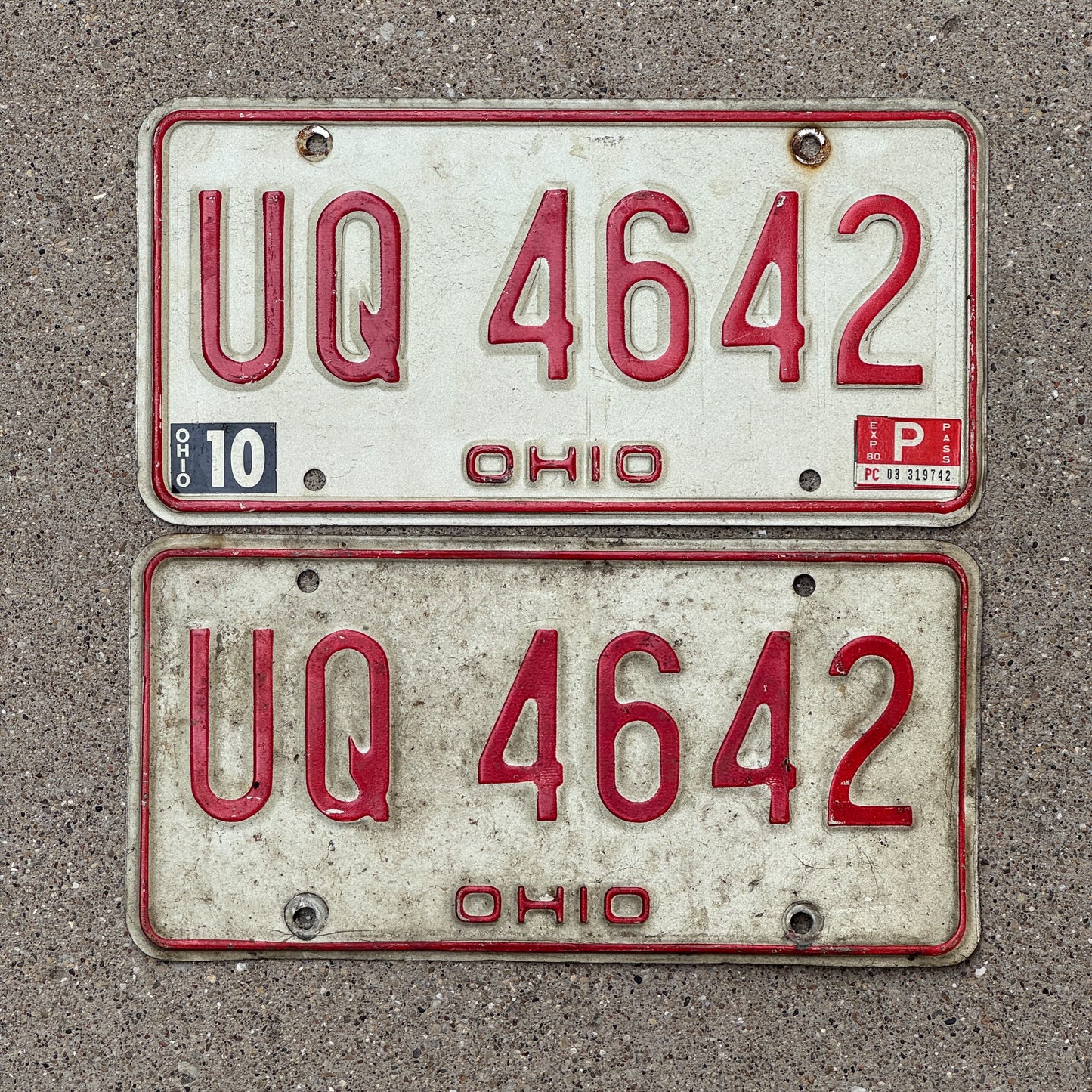 Photo of a 1976 1980 Ohio License Plate Pair Auto Tag Garage Decor Vintage UQ 4642 with original patina