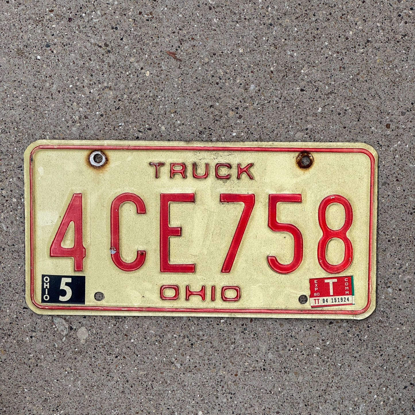 Photo of a 1976 1980 Ohio Truck License Plate Auto Tag 1 Vintage Garage 4 CE 758 with original patina