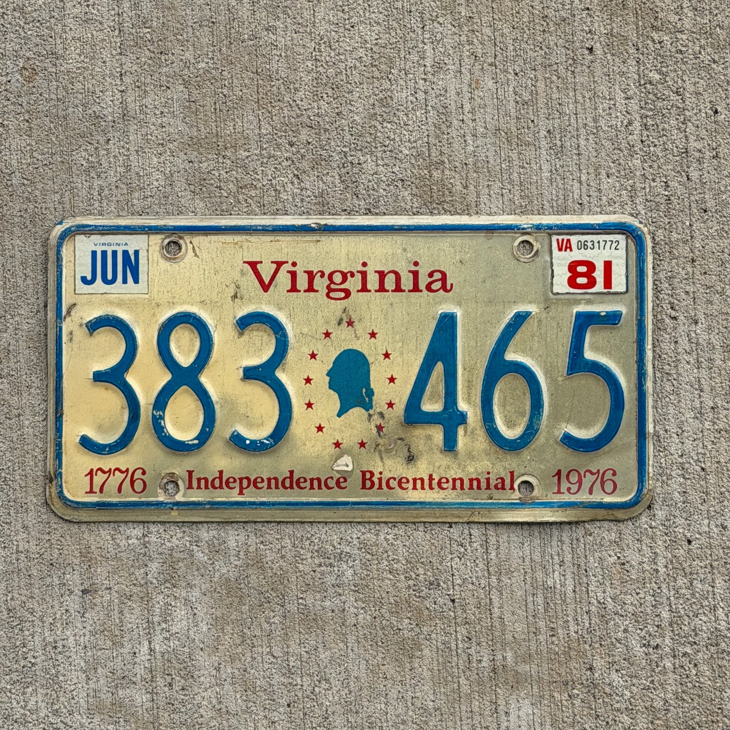 Photo of a 1976 1981 Virginia License Plate Auto Tag Garage Decor Vintage Bicentennial 383 465 with original patina