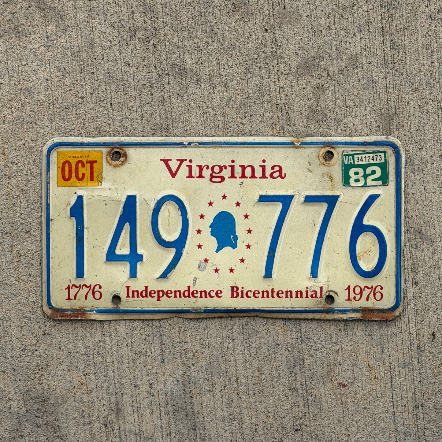 Photo of a 1976 1982 Virginia License Plate Auto Tag 1 Vintage Garage Bicentennial 149 776 with original patina