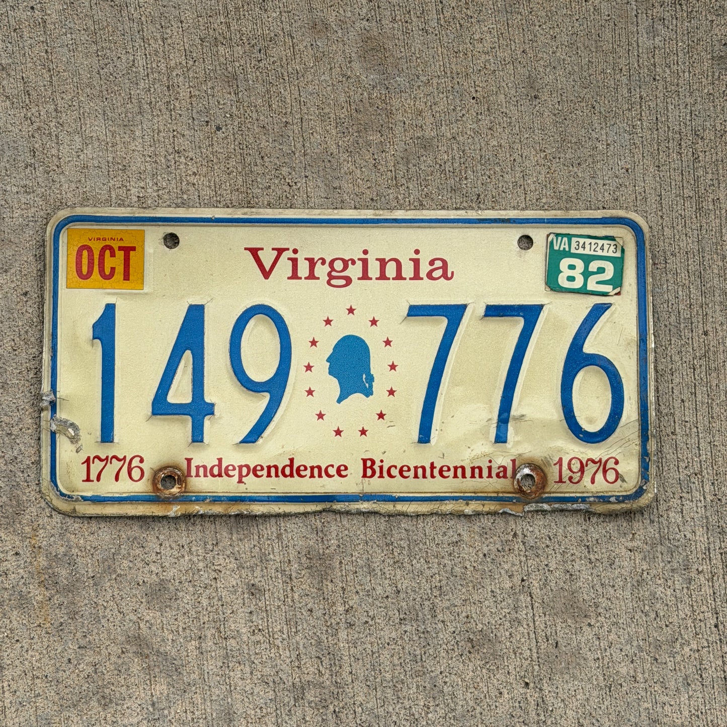 Photo of a 1976 1982 Virginia License Plate Auto Tag 2 Vintage Garage Bicentennial 149 776 with original patina