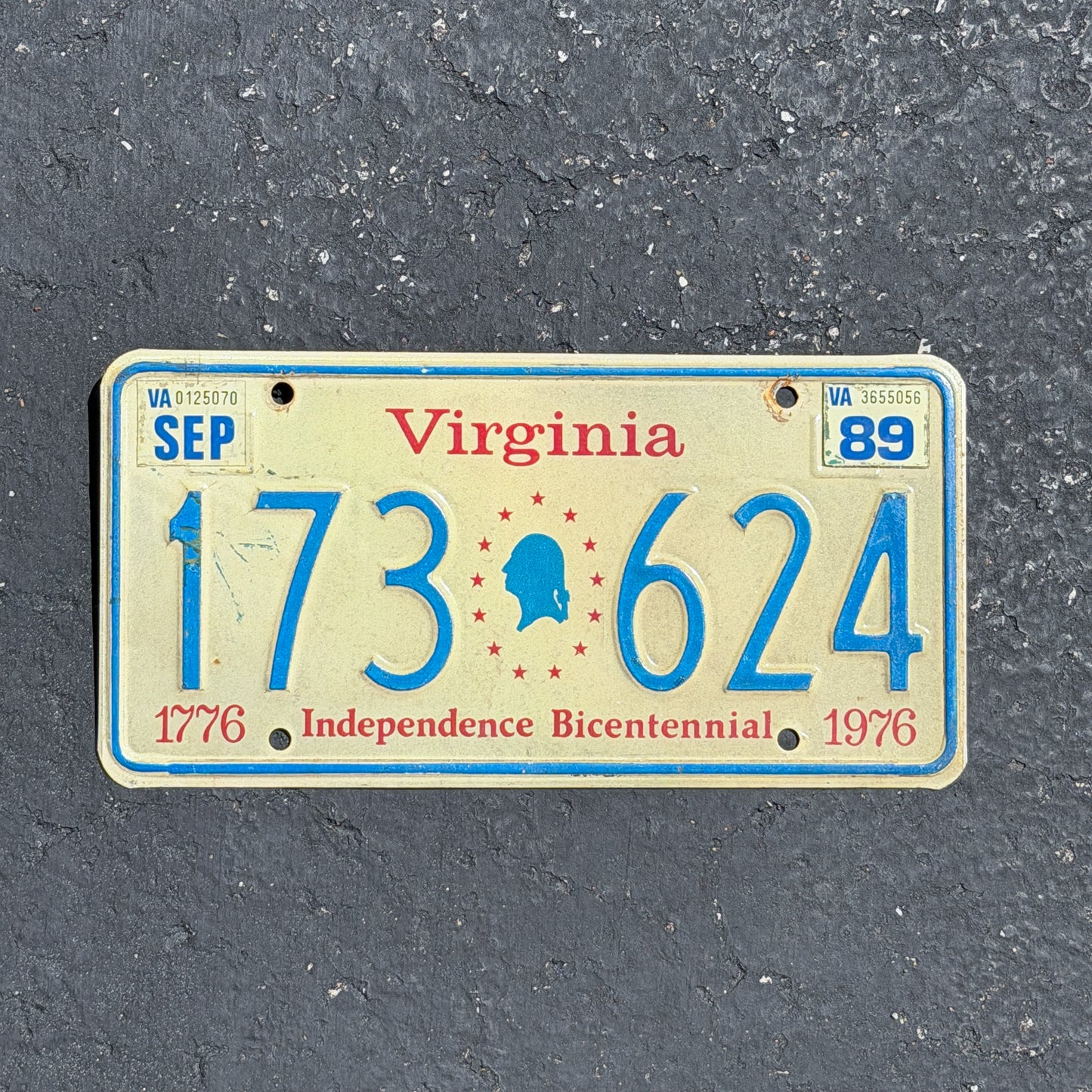 Photo of a 1976 1989 Virginia Graphic / Specialty License Plate Auto Tag 2 Vintage Garage Bicentennial 173 624 with original patina