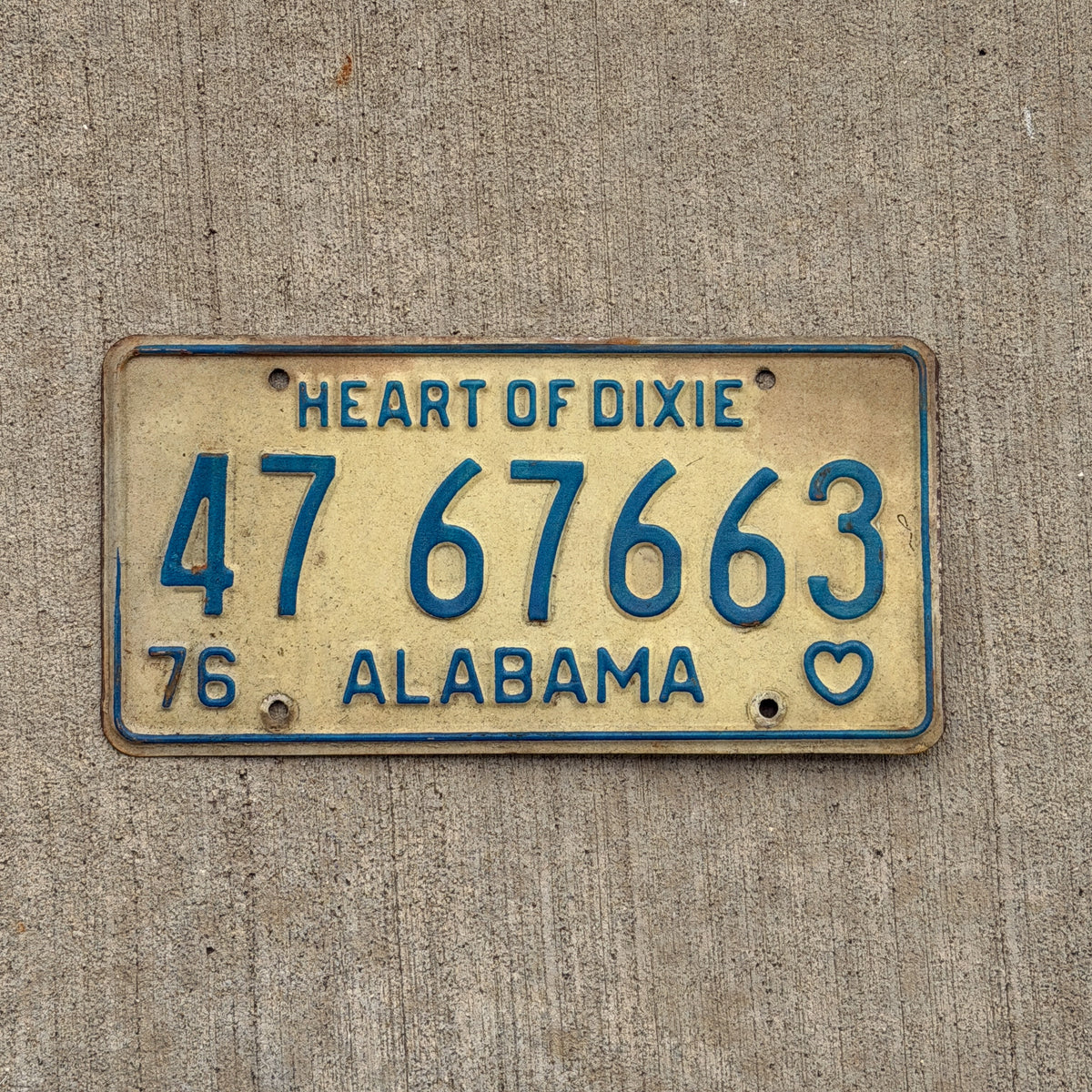 Photo of a 1976 Alabama License Plate Auto Tag Garage Decor Vintage 47 67663 with original patina