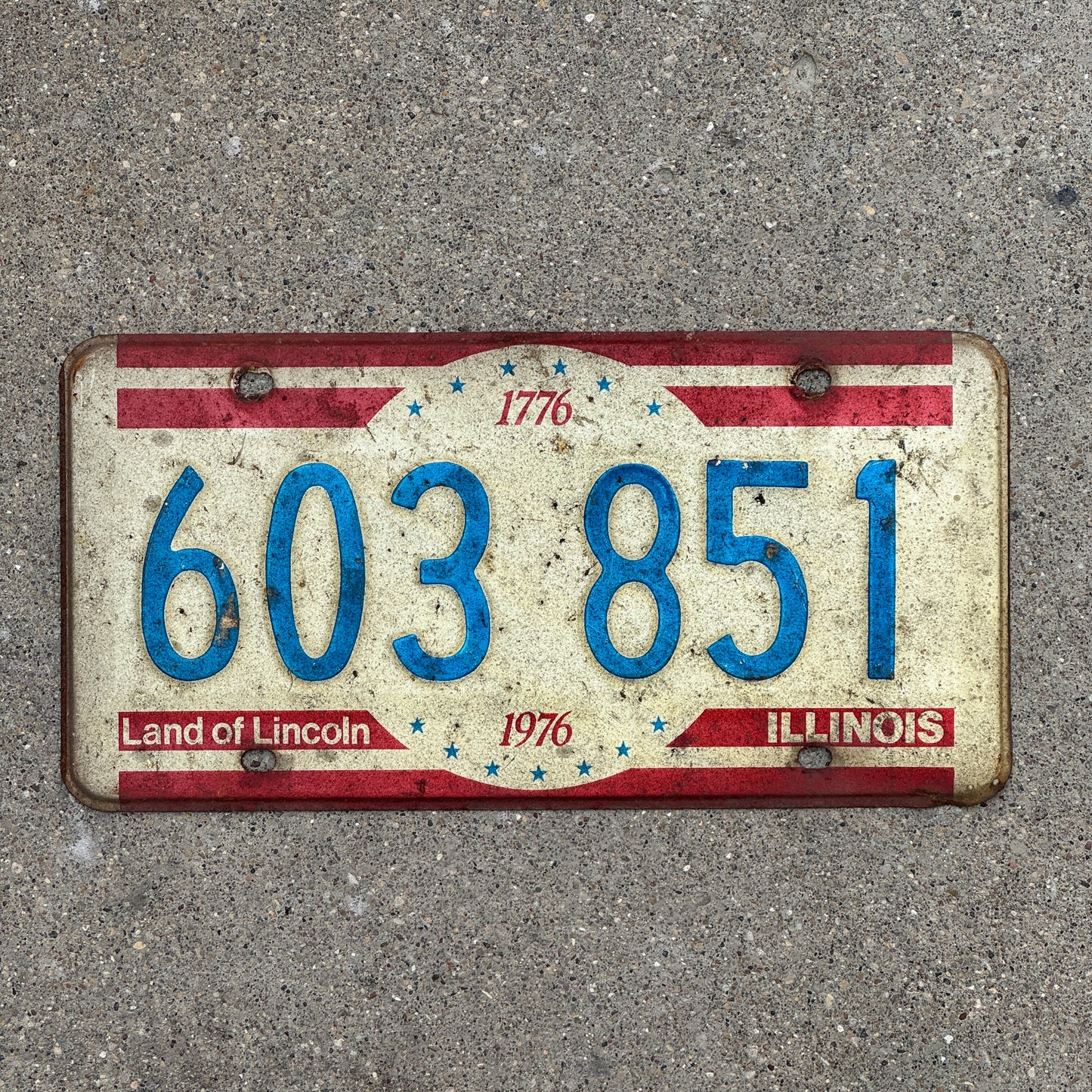 Photo of a 1976 Illinois License Plate Auto Tag 2 Vintage Garage Bicentennial 603 851 with original patina