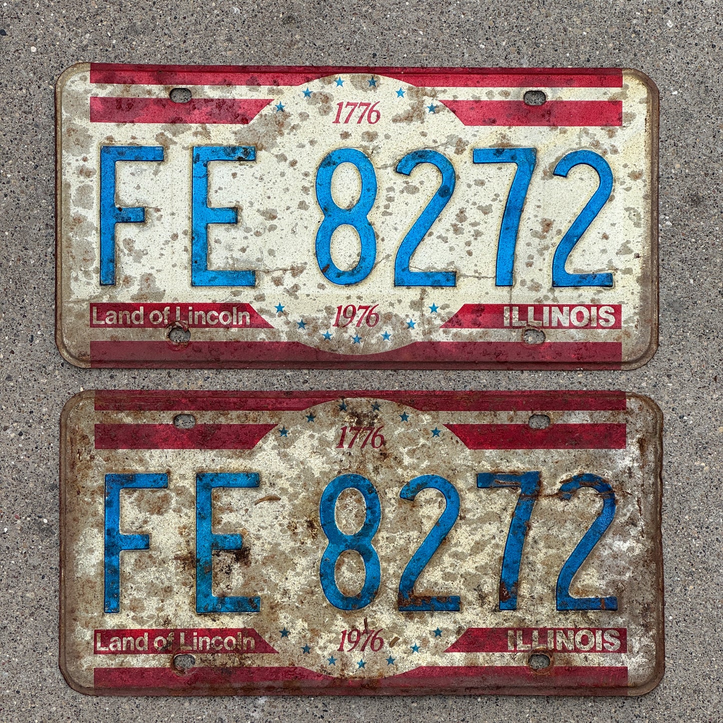 Photo of a 1976 Illinois License Plate Pair Auto Tag Garage Decor Vintage Bicentennial FE 8272 with original patina