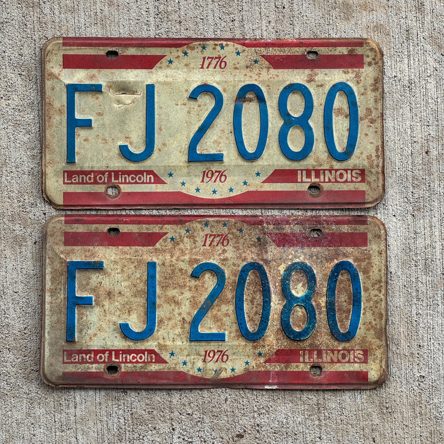 Photo of a 1976 Illinois License Plate Pair Auto Tag Garage Decor Vintage Bicentennial FJ 2080 with original patina