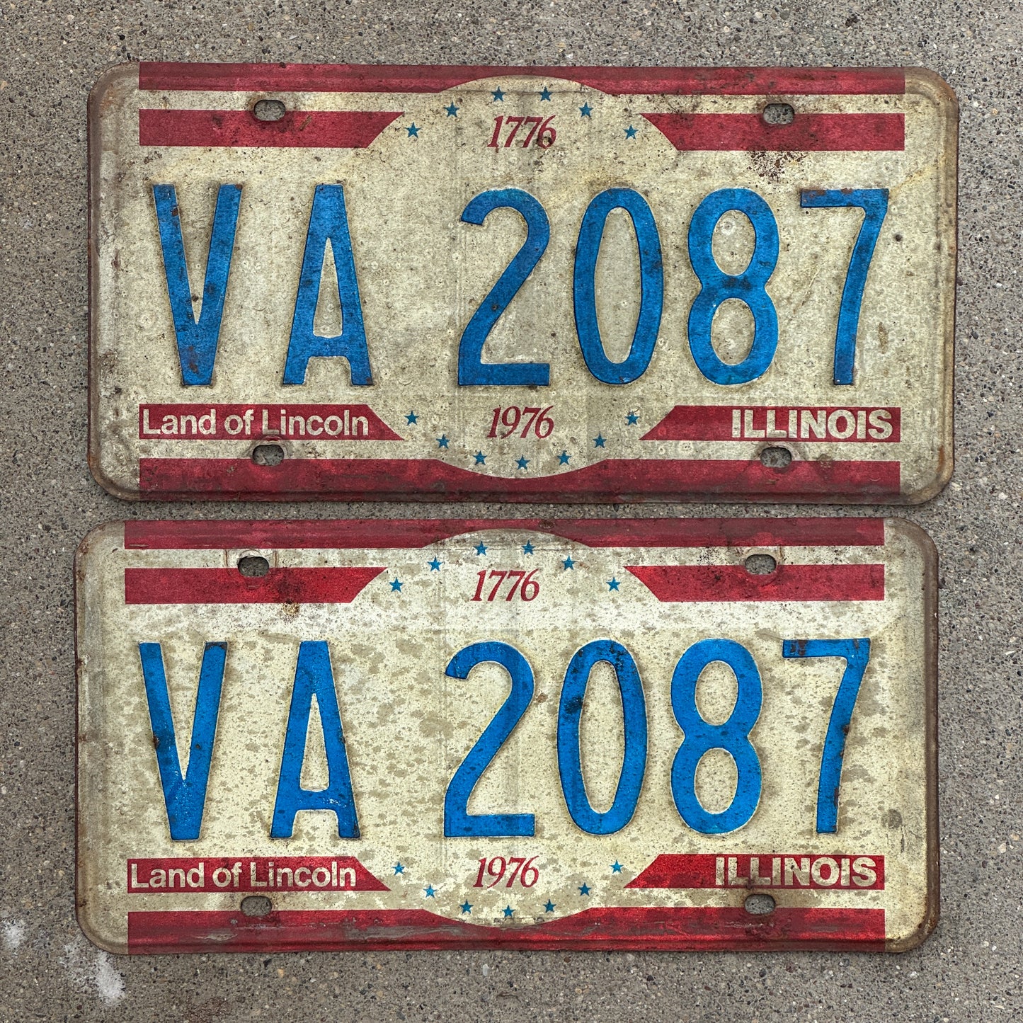 Photo of a 1976 Illinois License Plate Pair Auto Tag Garage Decor Vintage Bicentennial VA 2087 with original patina