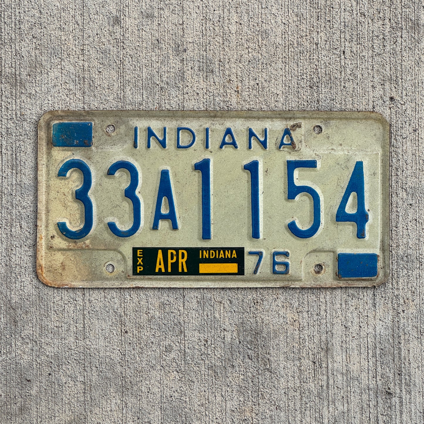 Photo of a 1976 Indiana License Plate Auto Tag Garage Decor Vintage 33 A 1154 with original patina
