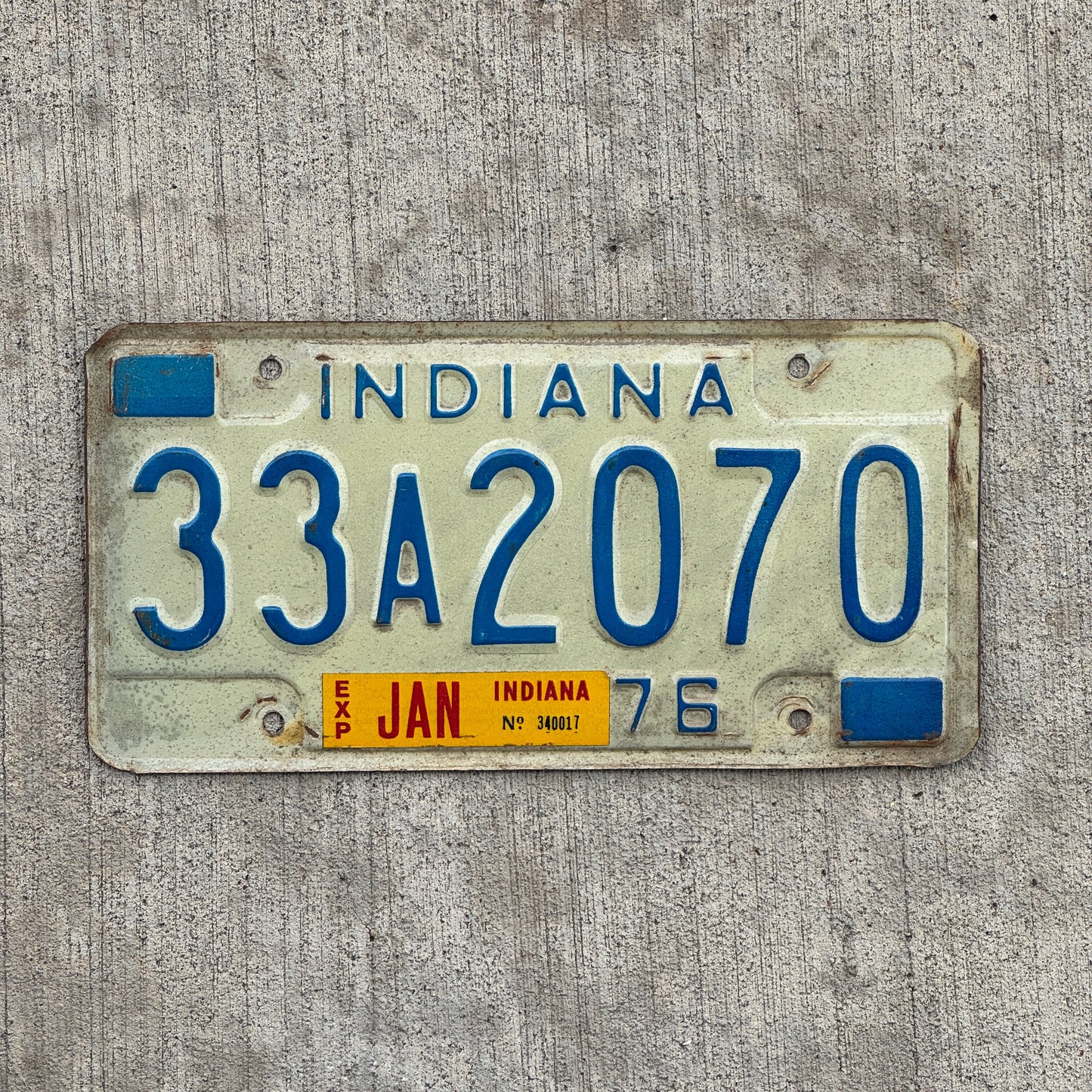 Photo of a 1976 Indiana License Plate Auto Tag Garage Decor Vintage 33 A 2070 with original patina