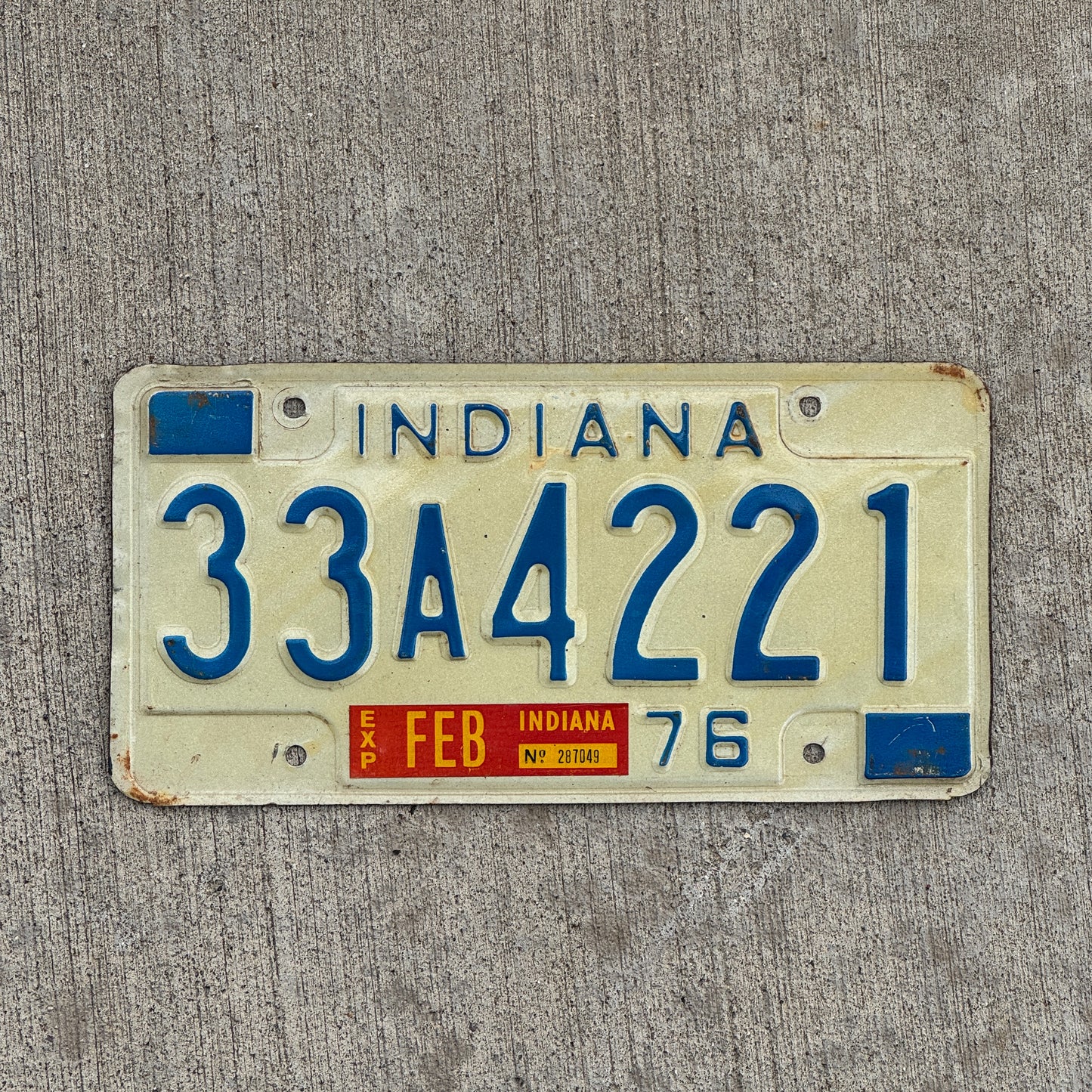 Photo of a 1976 Indiana License Plate Auto Tag Garage Decor Vintage 33 A 4221 with original patina