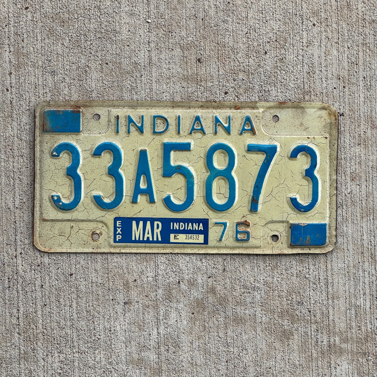 Photo of a 1976 Indiana License Plate Auto Tag Garage Decor Vintage 33 A 5873 with original patina