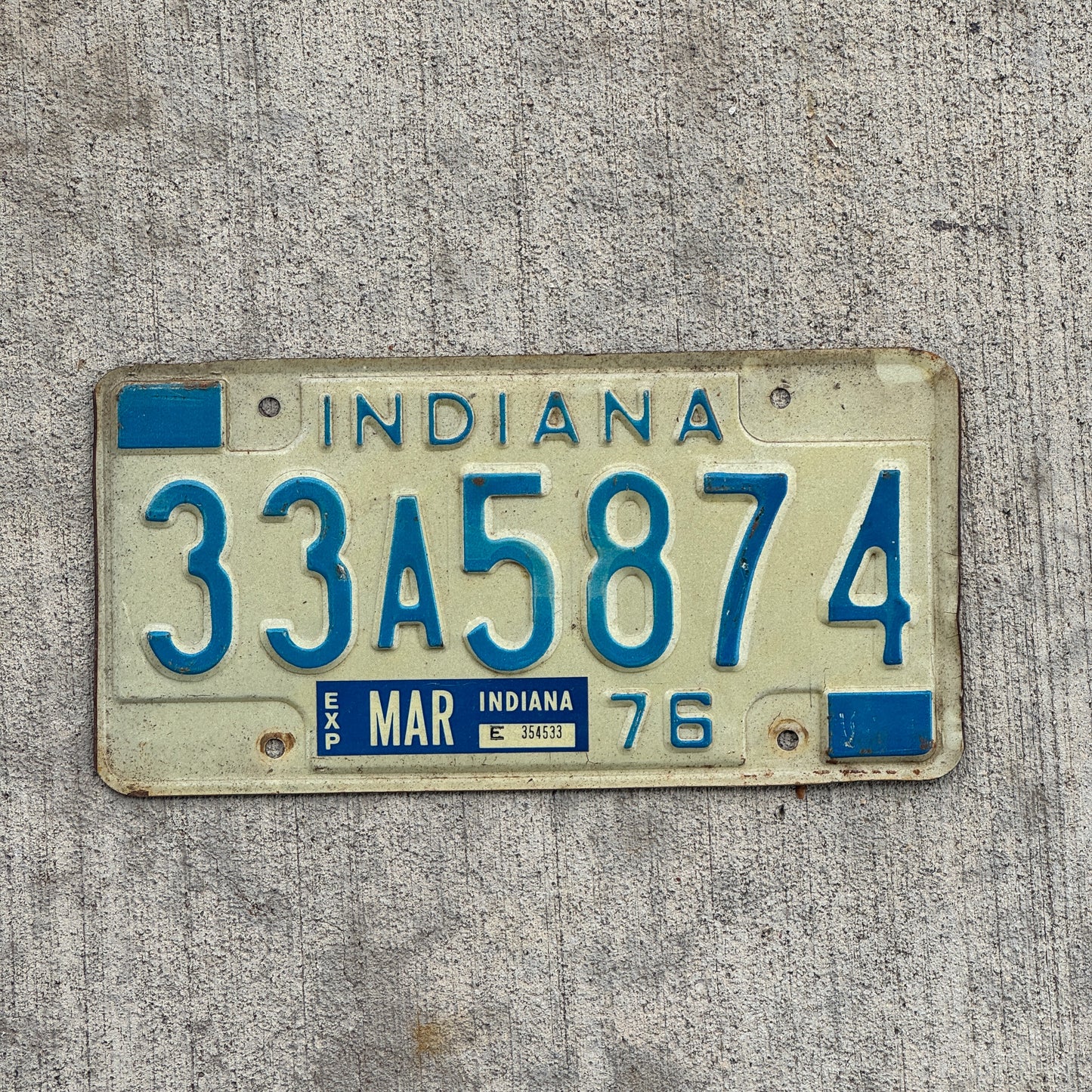 Photo of a 1976 Indiana License Plate Auto Tag Garage Decor Vintage 33 A 5874 with original patina