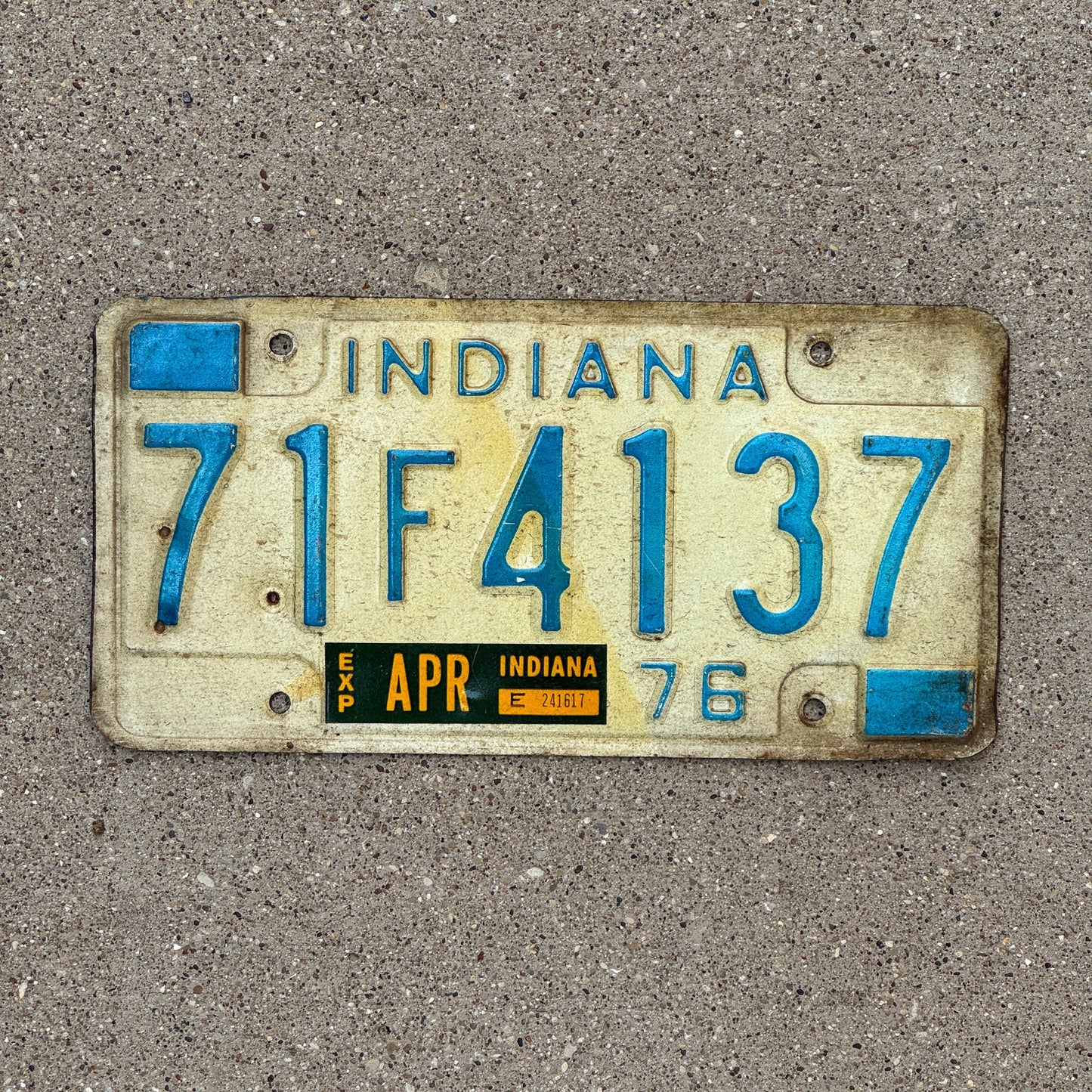 Photo of a 1976 Indiana License Plate Auto Tag Garage Decor Vintage 71 F 4137
