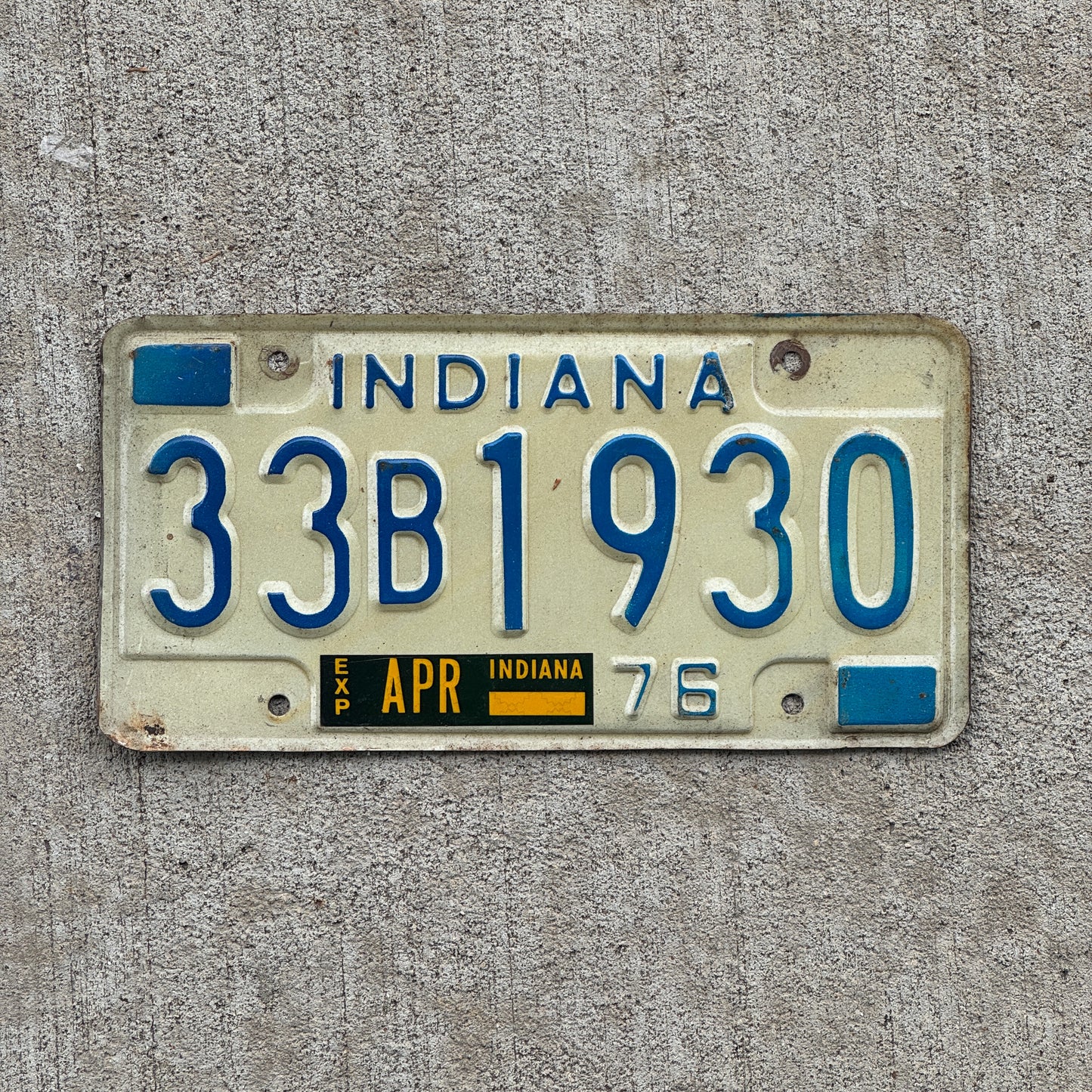 Photo of a 1976 Indiana License Plate Auto Tag Garage Decor Vintage Birth Year 33 B 1930 with original patina