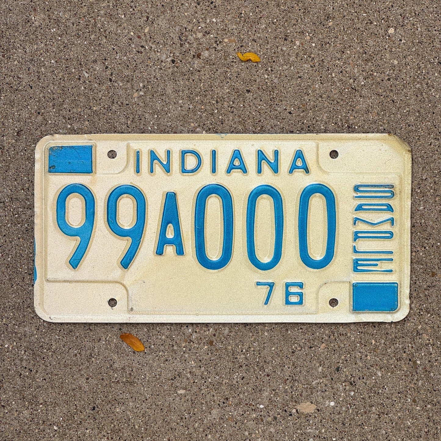 Photo of a 1976 Indiana Sample License Plate Auto Tag 2 Garage Decor 99A000 with original patina